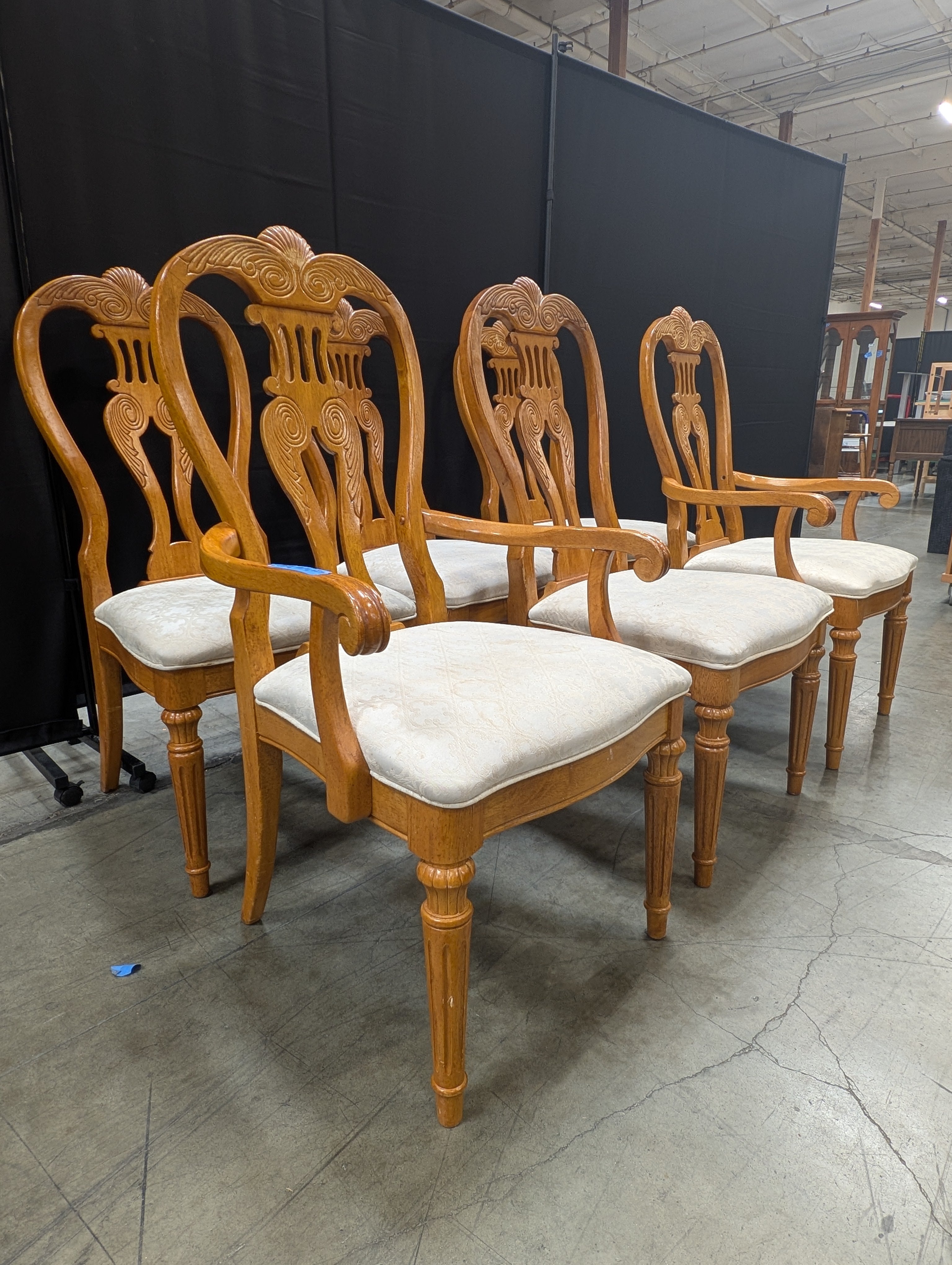 Set of Six Ornate Carved Wood Accent Chair with Upholstered Seat