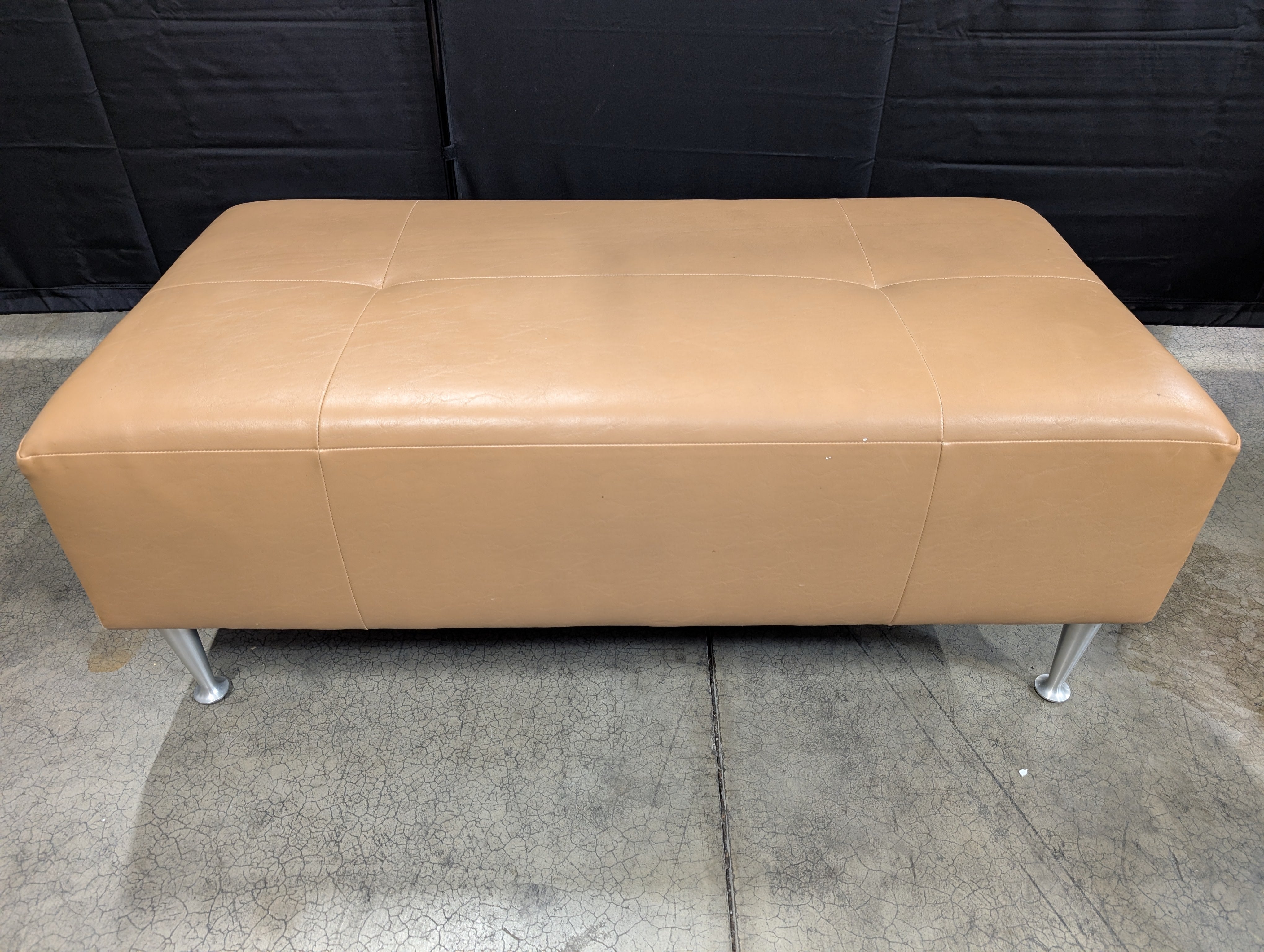 Tan Faux Leather Tufted Rectangular Ottoman Bench with Metal Legs