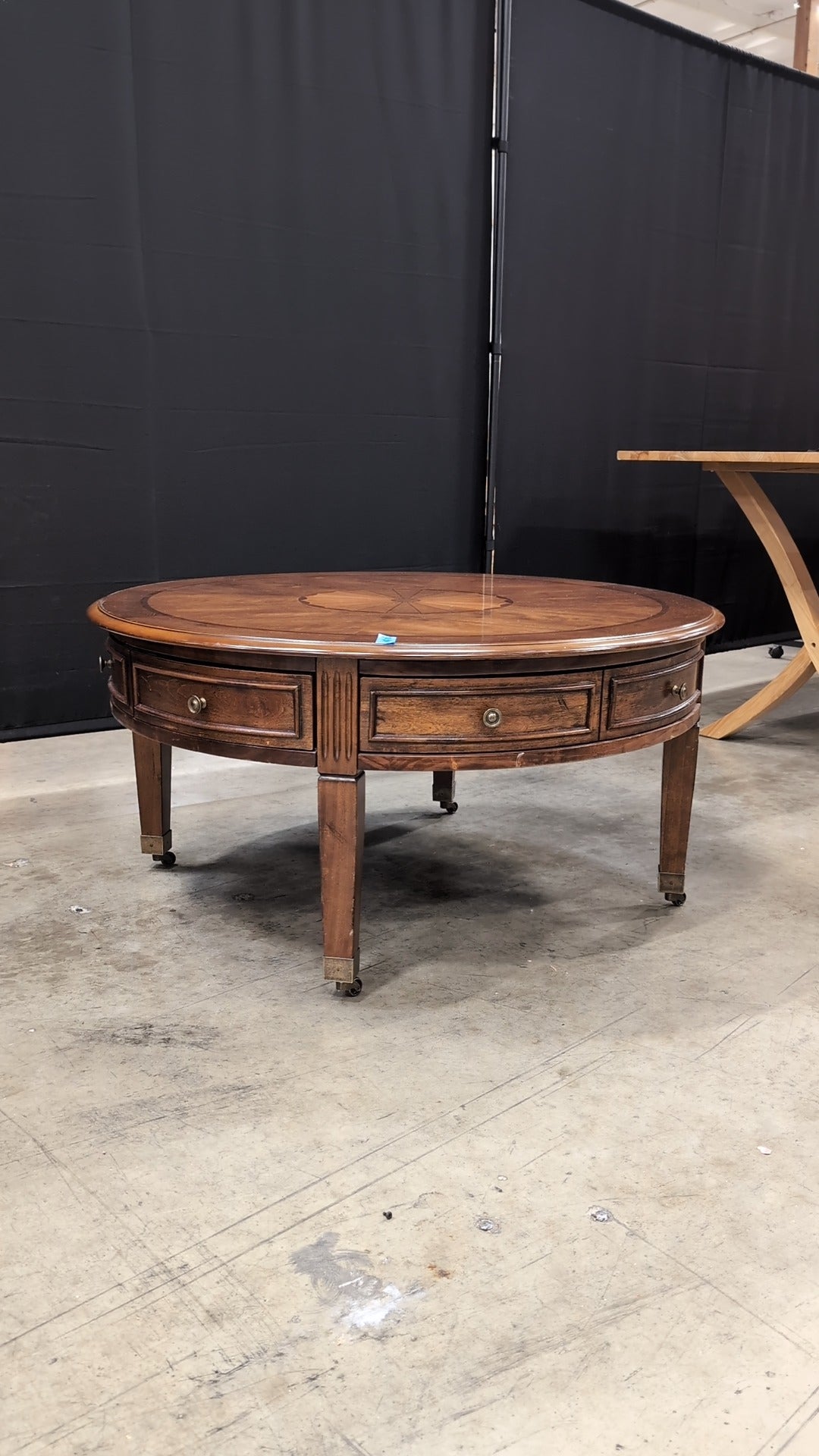 Classic Round Wood Coffee Table with Inlay Design