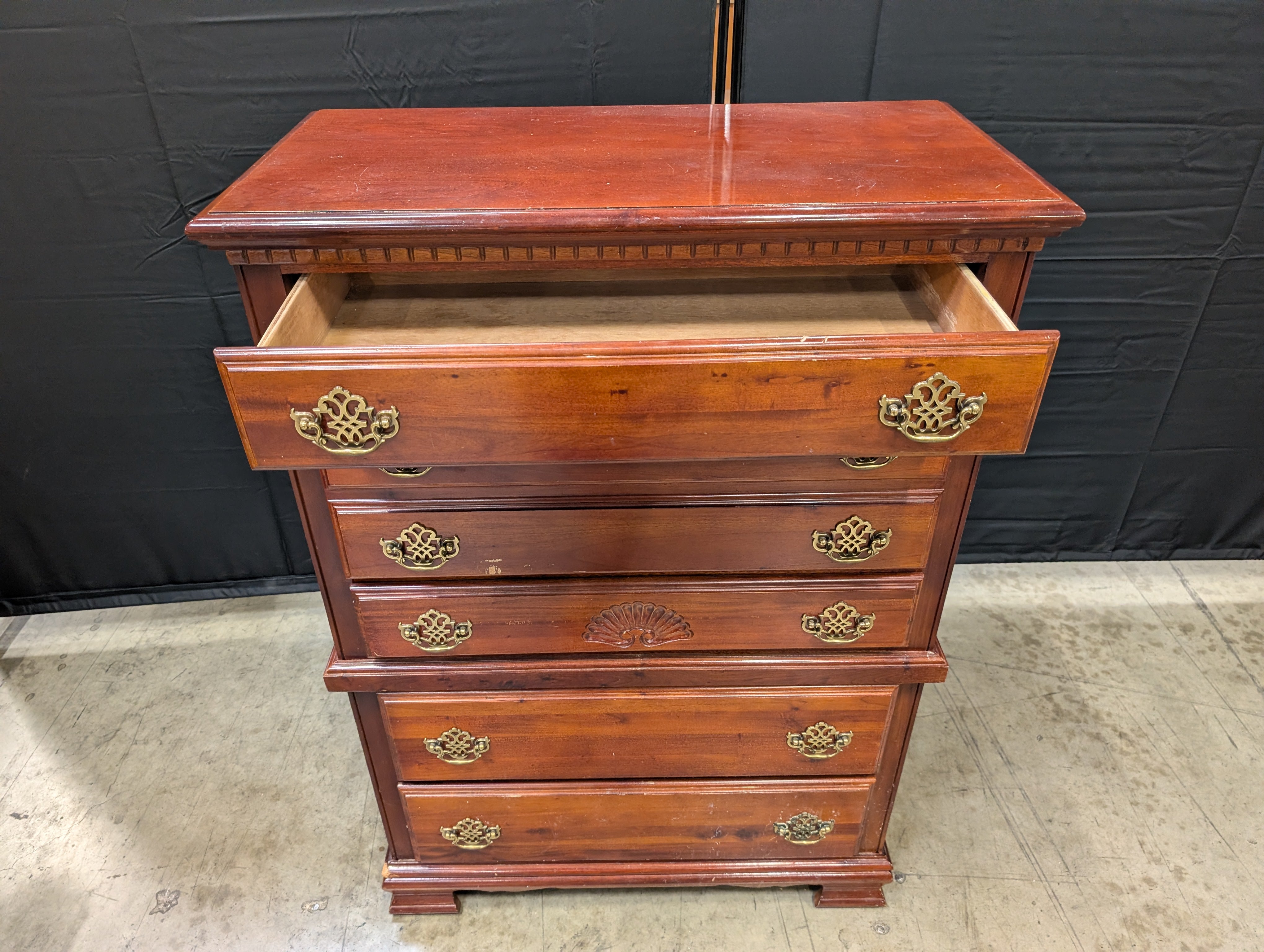Classic Cherry Finish Tall Chest of Drawers with Brass Hardware