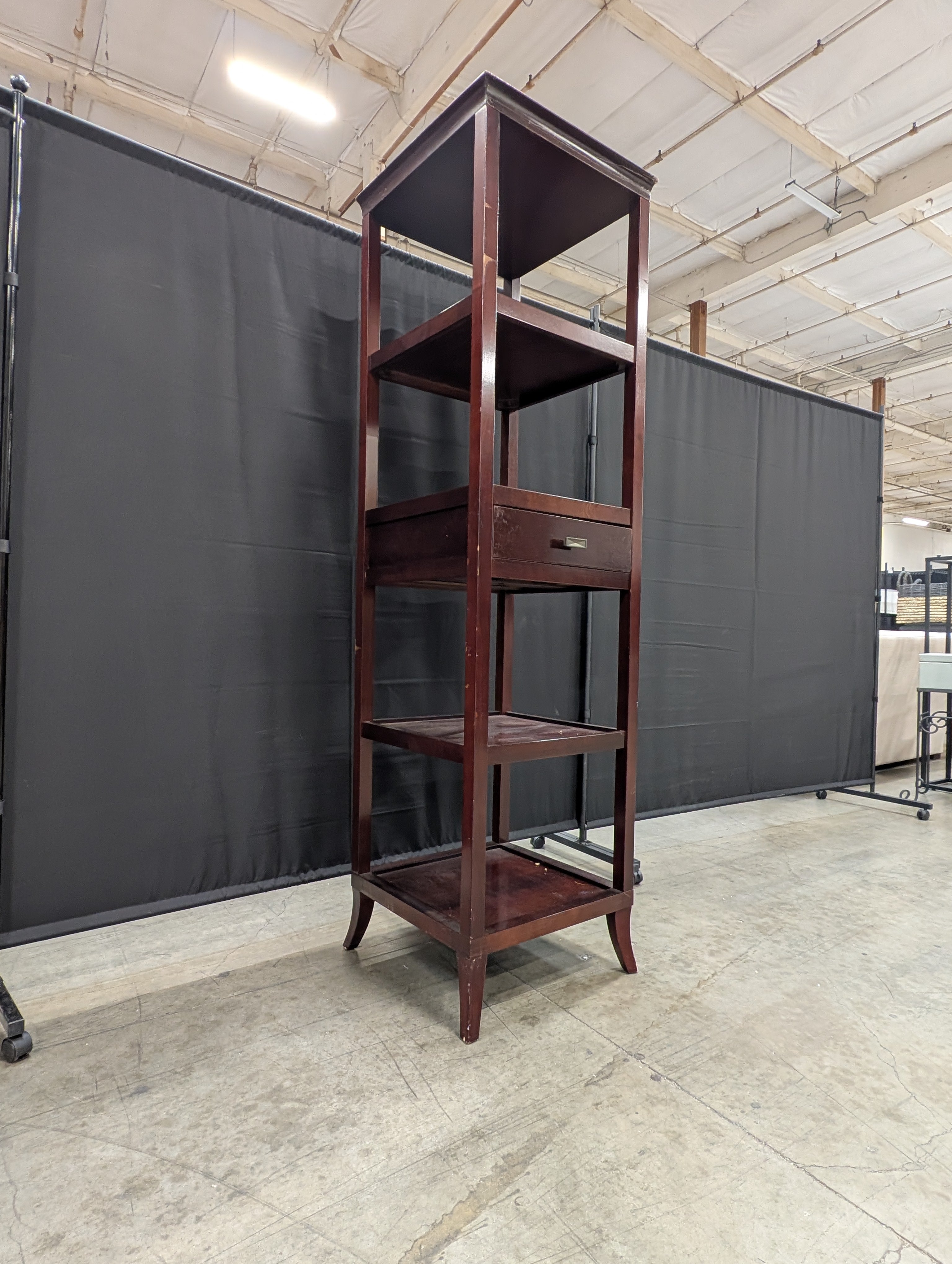 Tall Dark Wood Display Shelf with Single Drawer