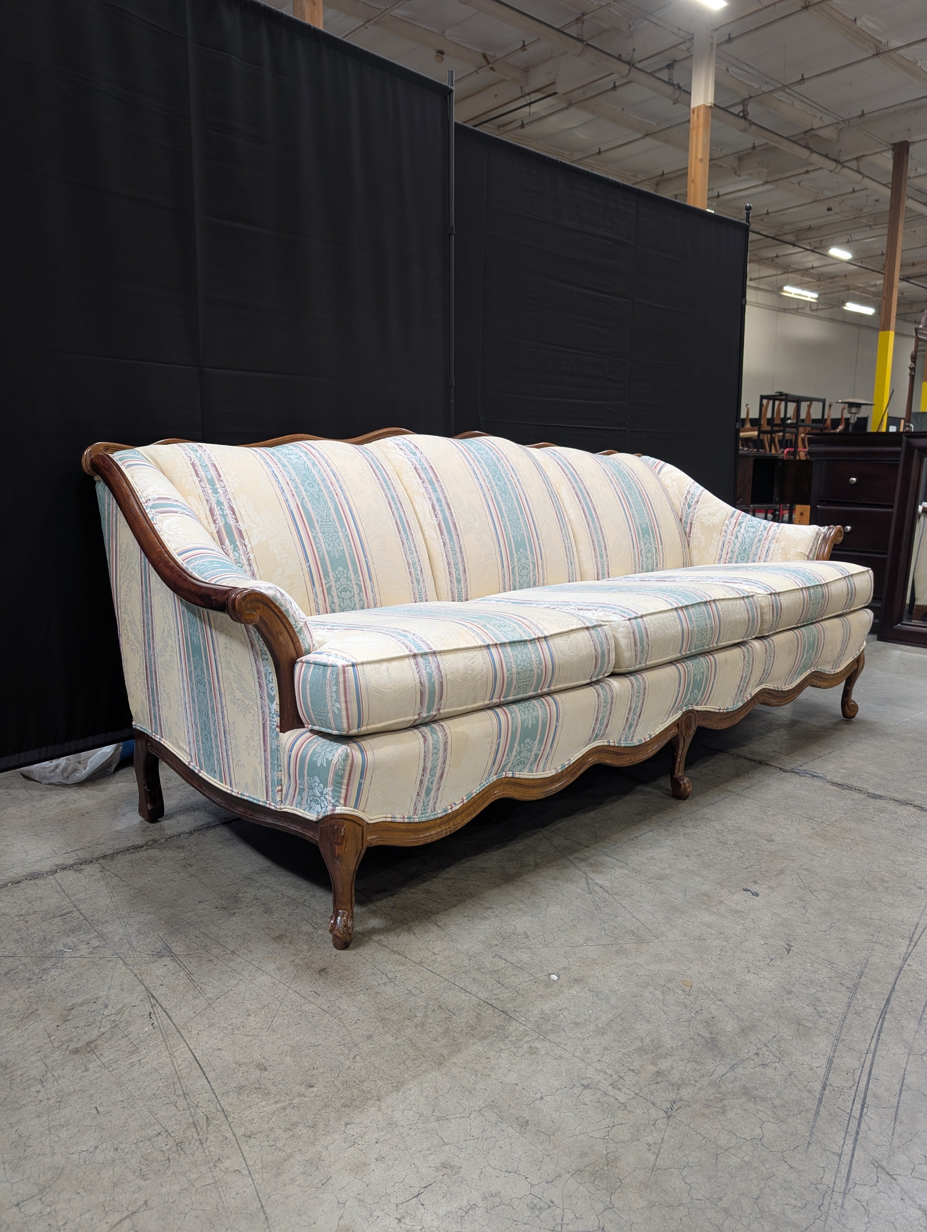 Cochrane Furniture Company Three-Seater Sofa with Carved Wood Frame