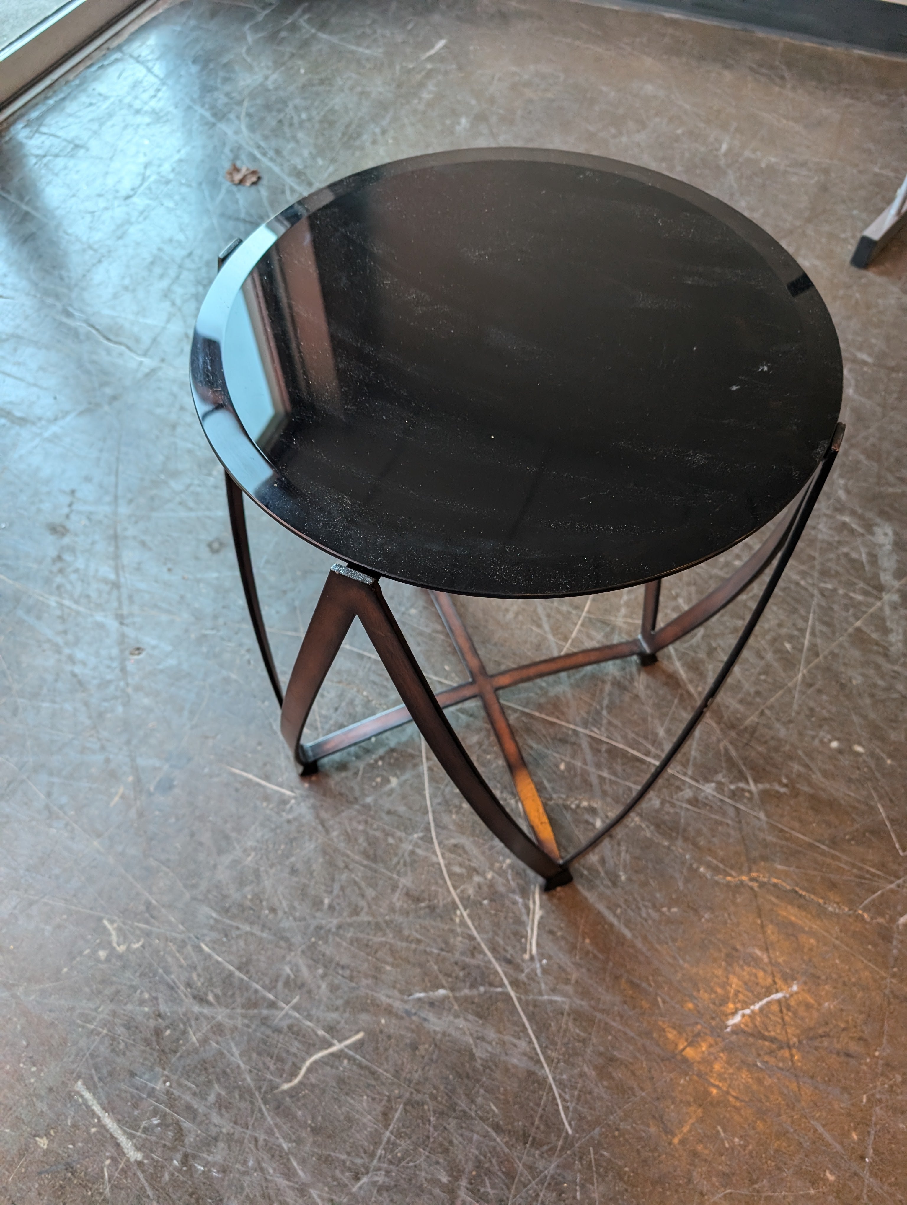 Modern Round Glass Top Side Table with Geometric Dark Wood Base