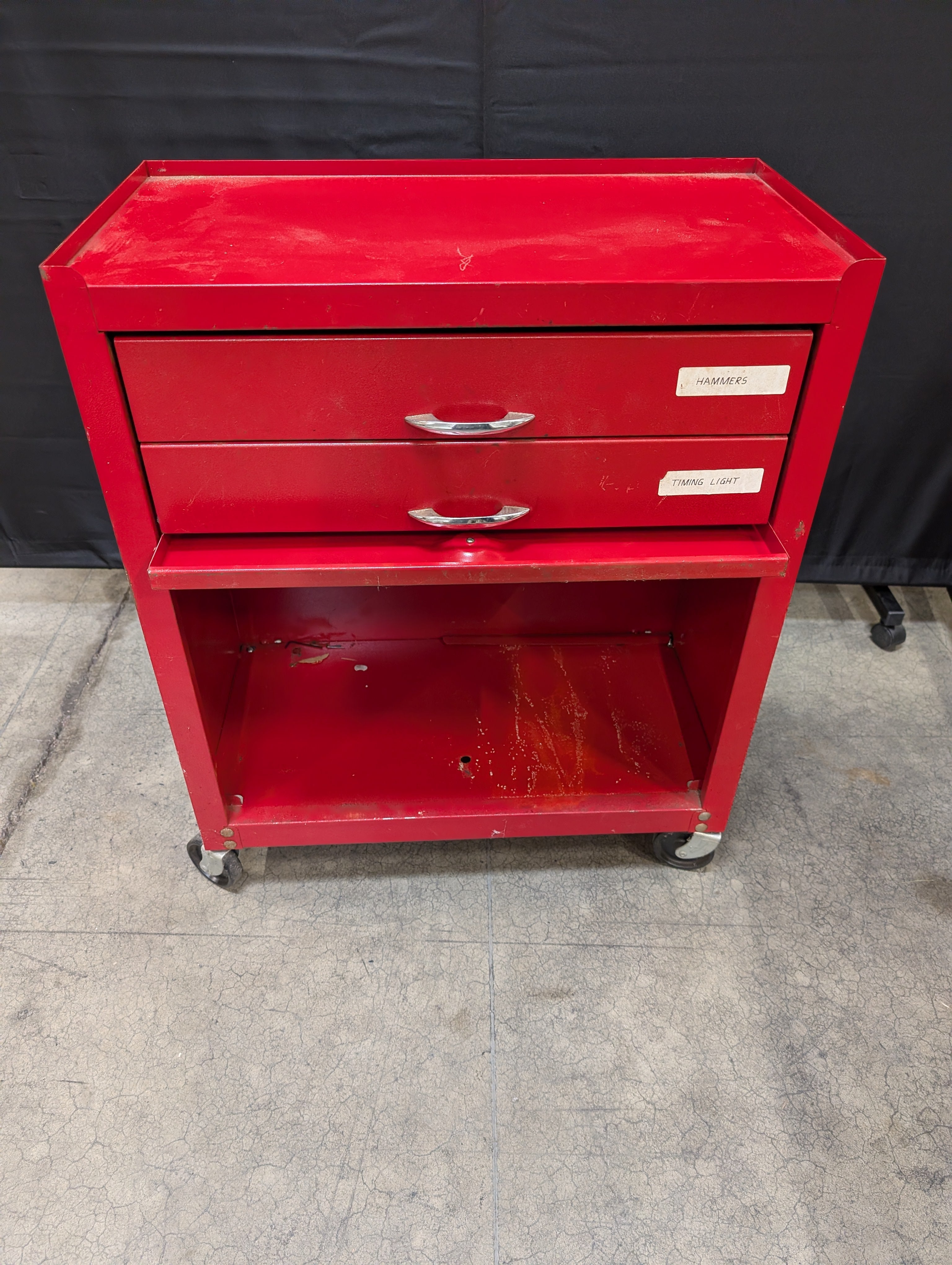 Compact Red Metal Rolling Tool Cart with Two Drawers