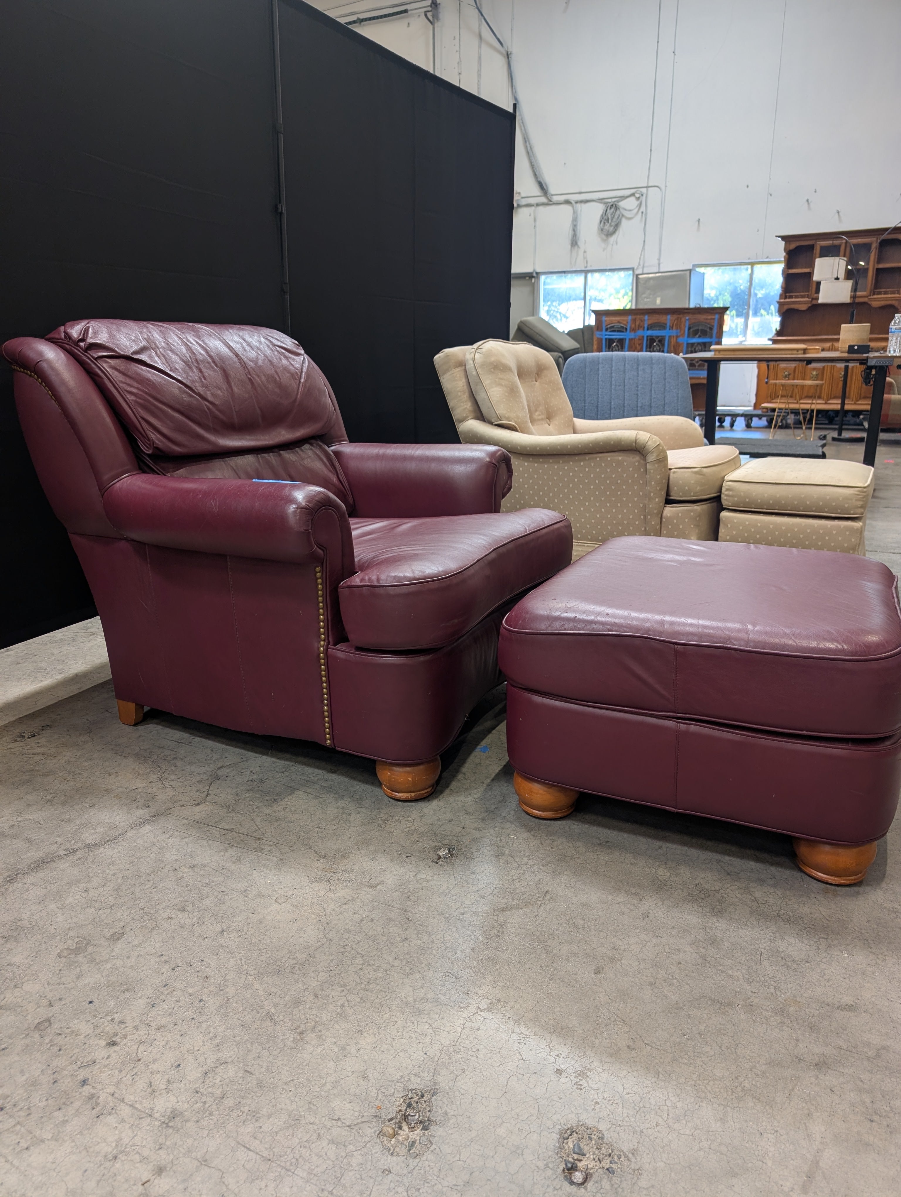 Deep Red Thomasville Leather Club Chair and Ottoman Set