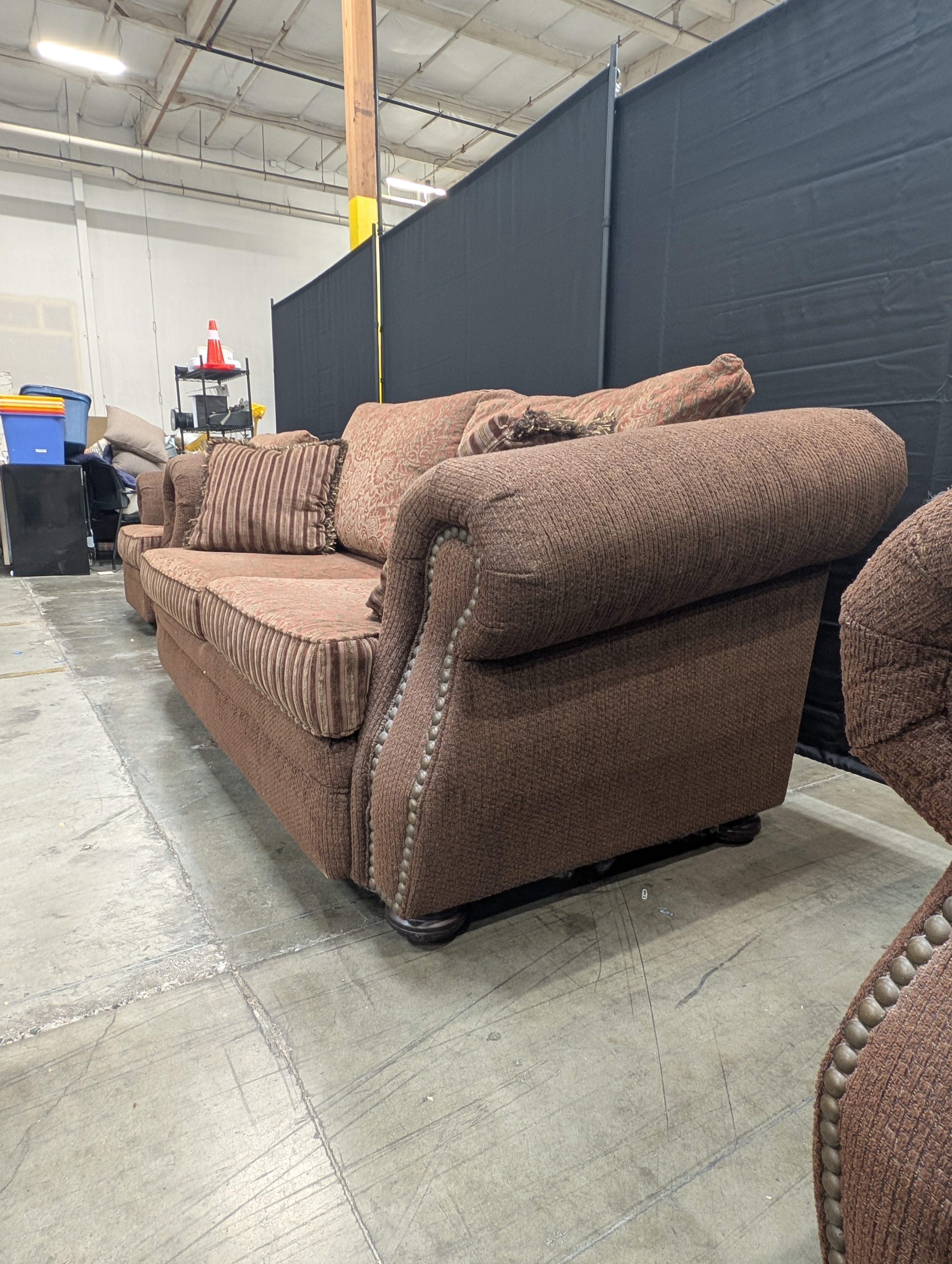 Traditional Brown Fabric Two-Seater Sofa with Nailhead Trim