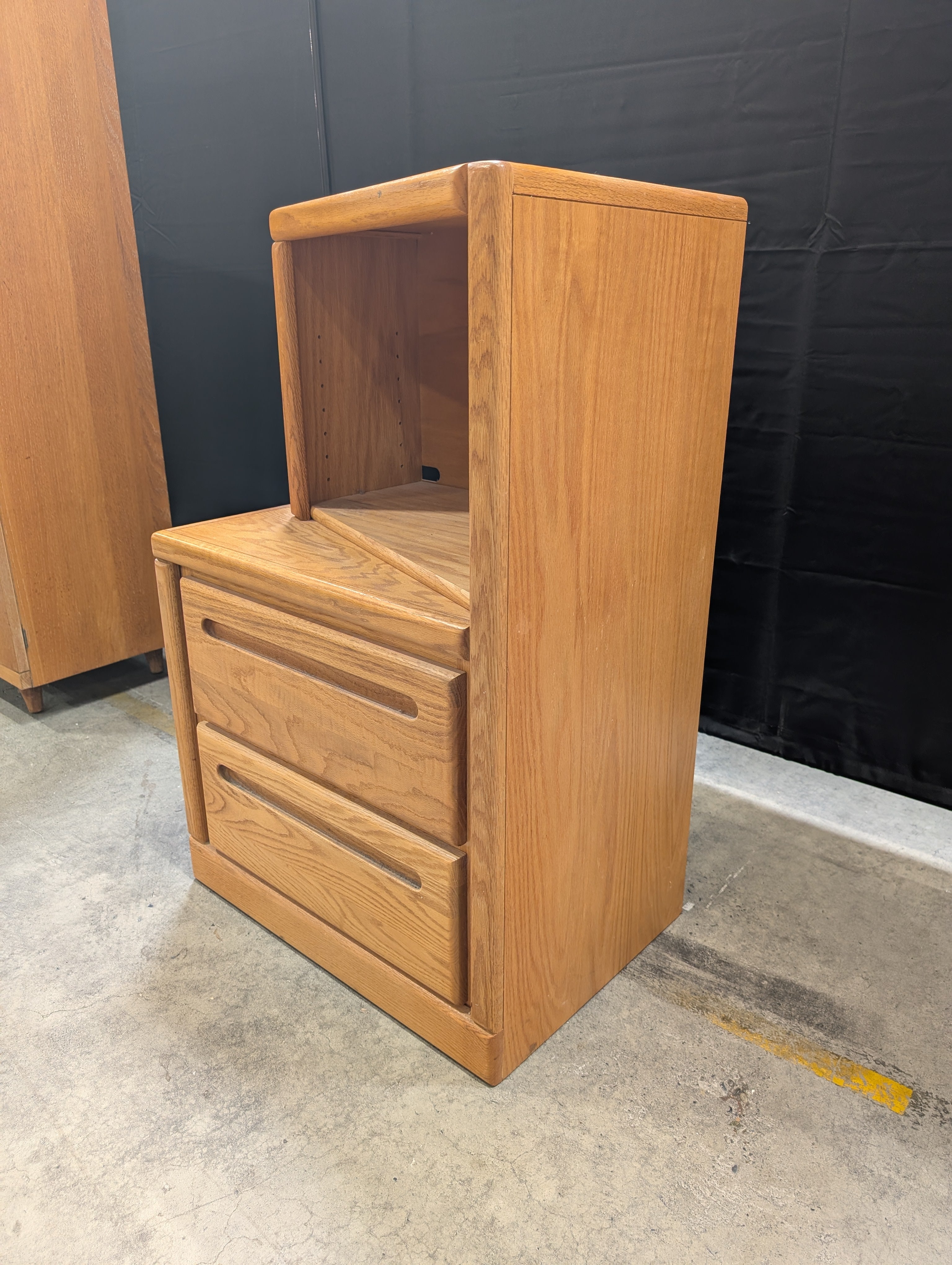 Honey Oak Two-Drawer Nightstand with Shelf