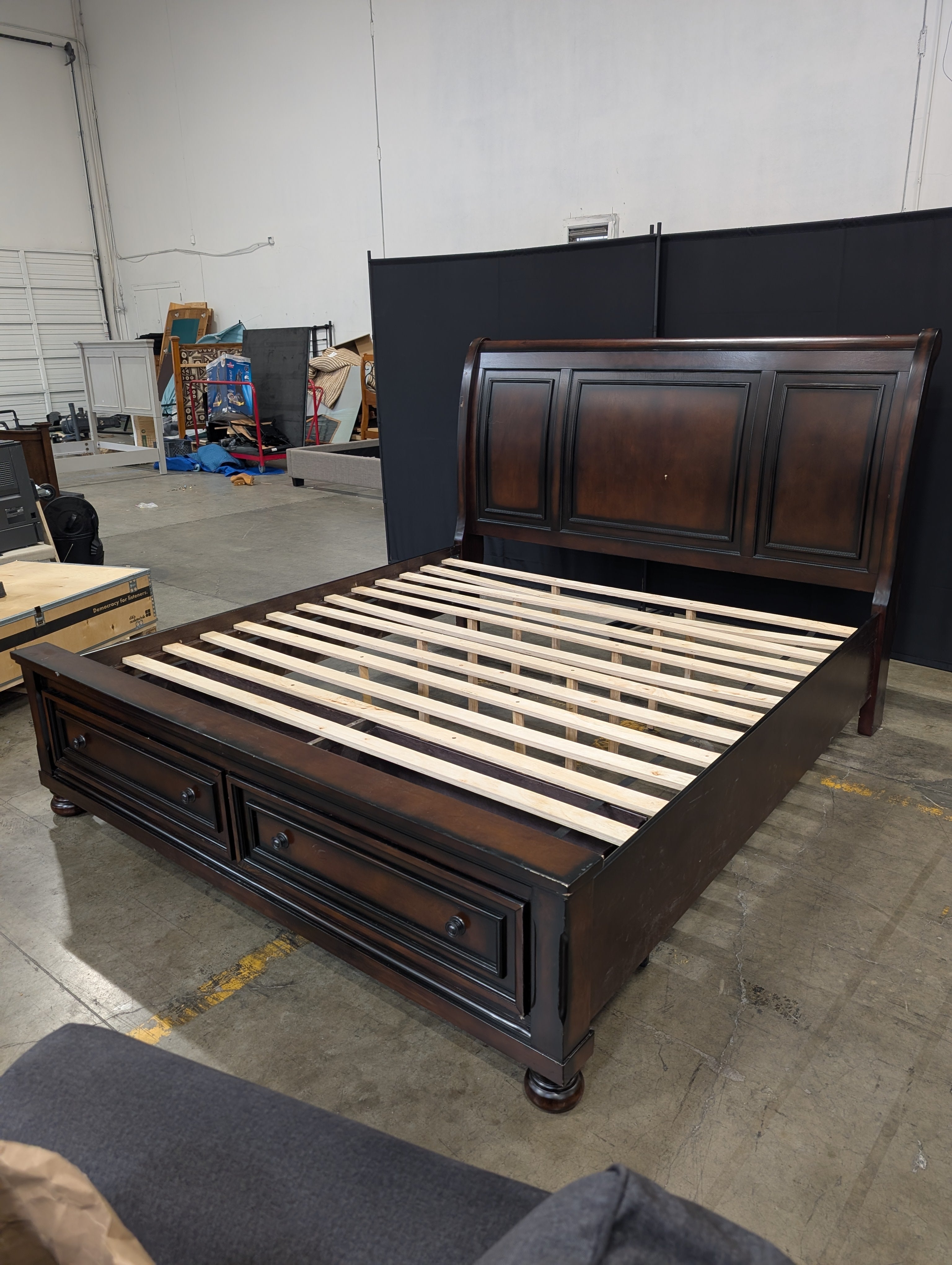 Dark Wood Sleigh Bed Frame with Storage