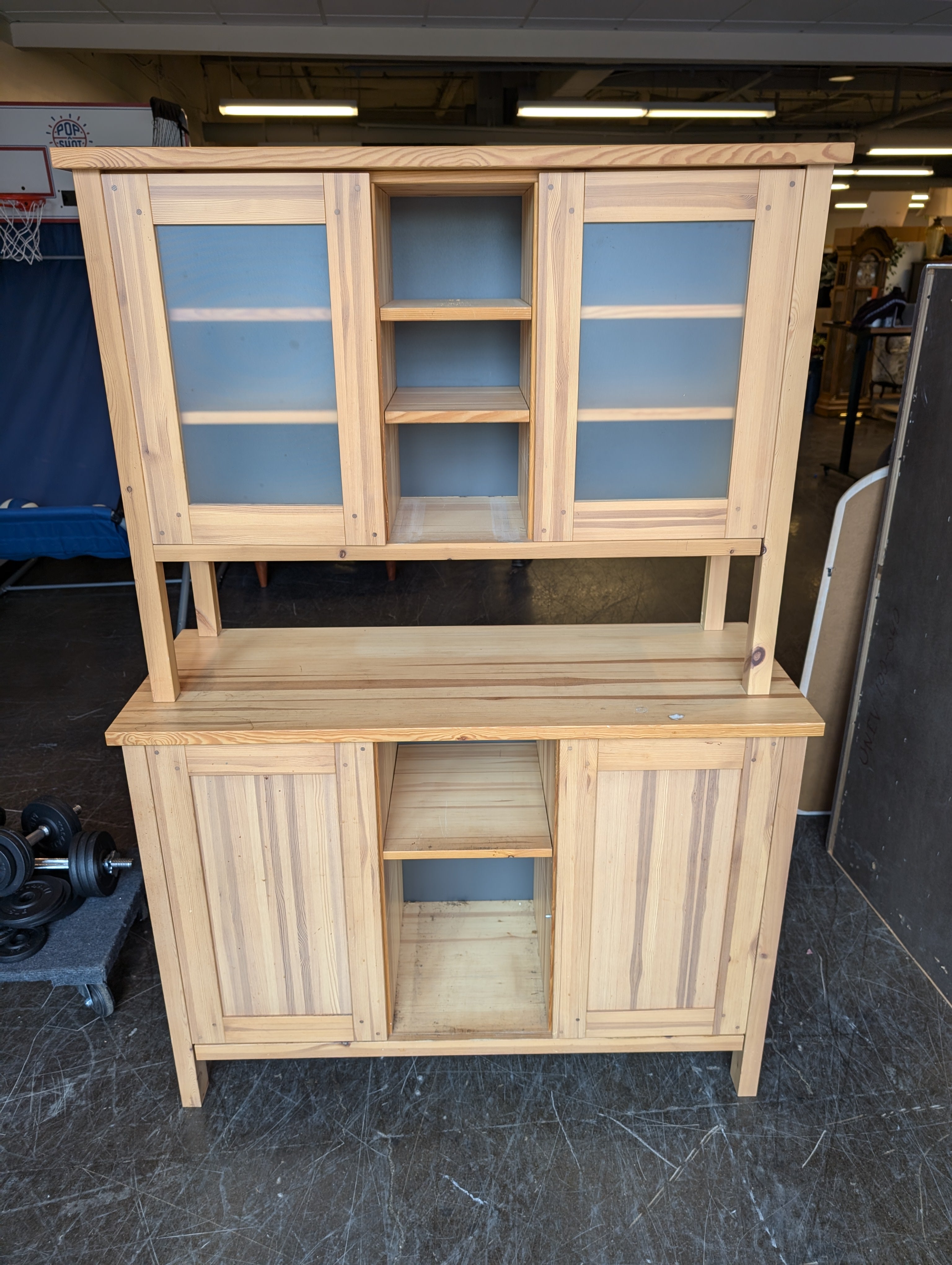 Rustic Pinewood Buffet with Glass-Front Cabinet