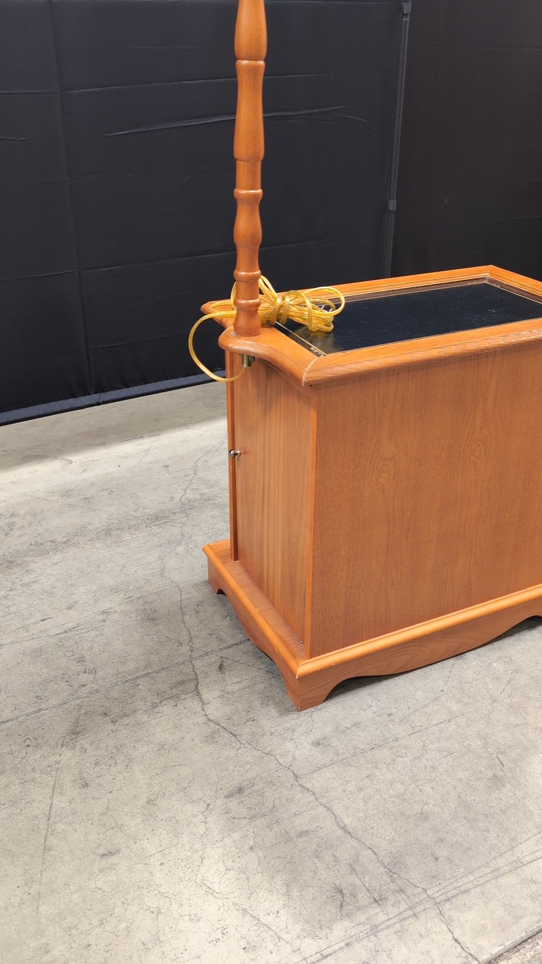 Honey Wood End Table with Integrated Lamp and Storage Cabinet