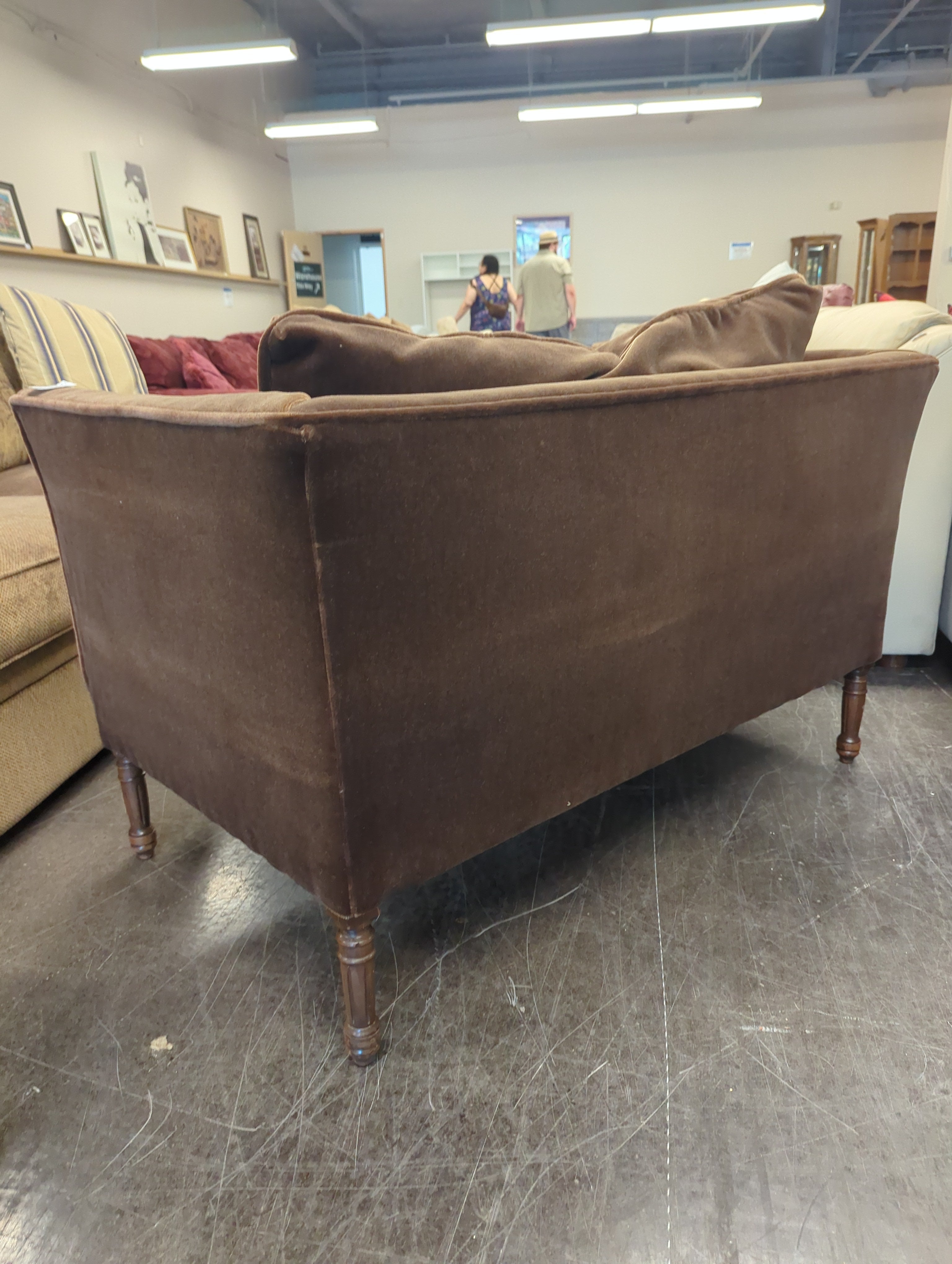 Expertly Restored Brown Velvet Two-Seater Settee