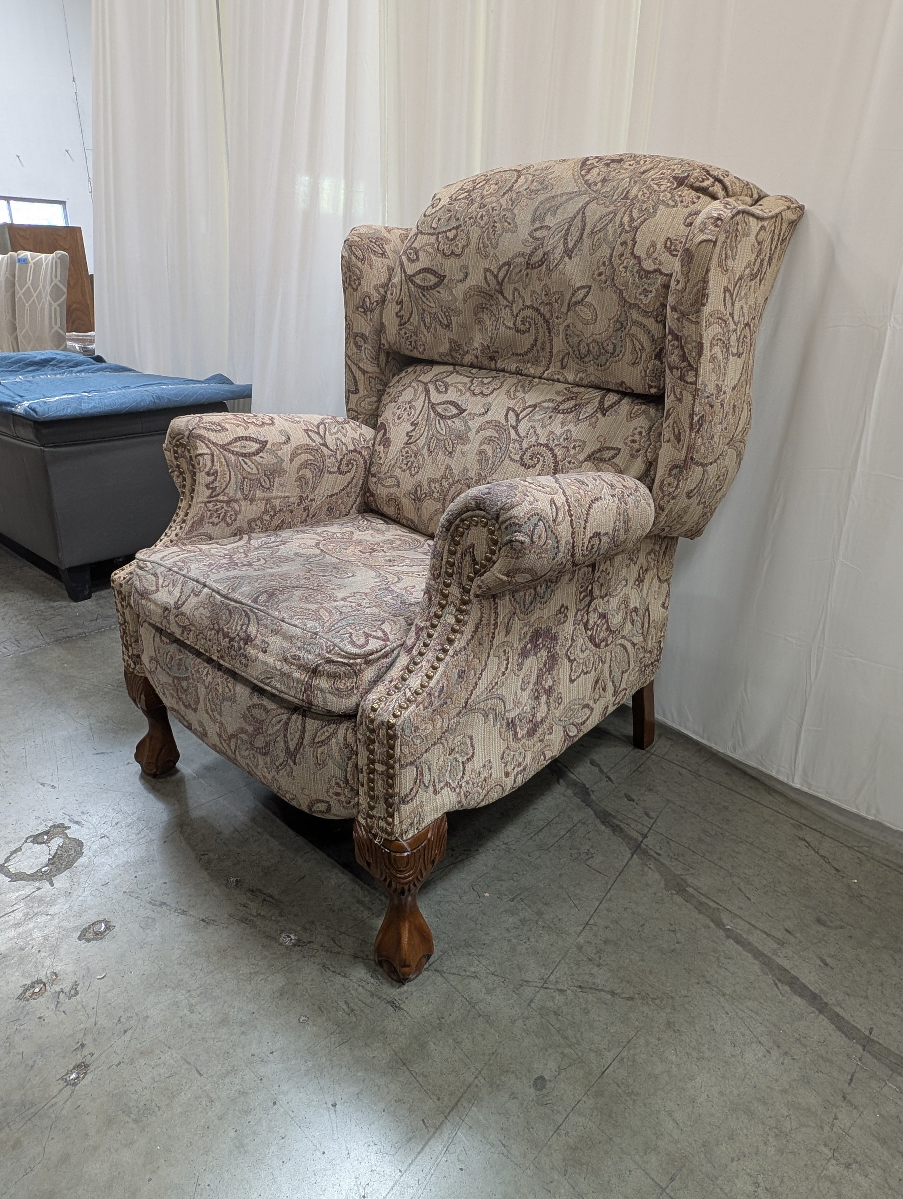 Paisley Fabric Wingback Recliner with Nailhead Trim