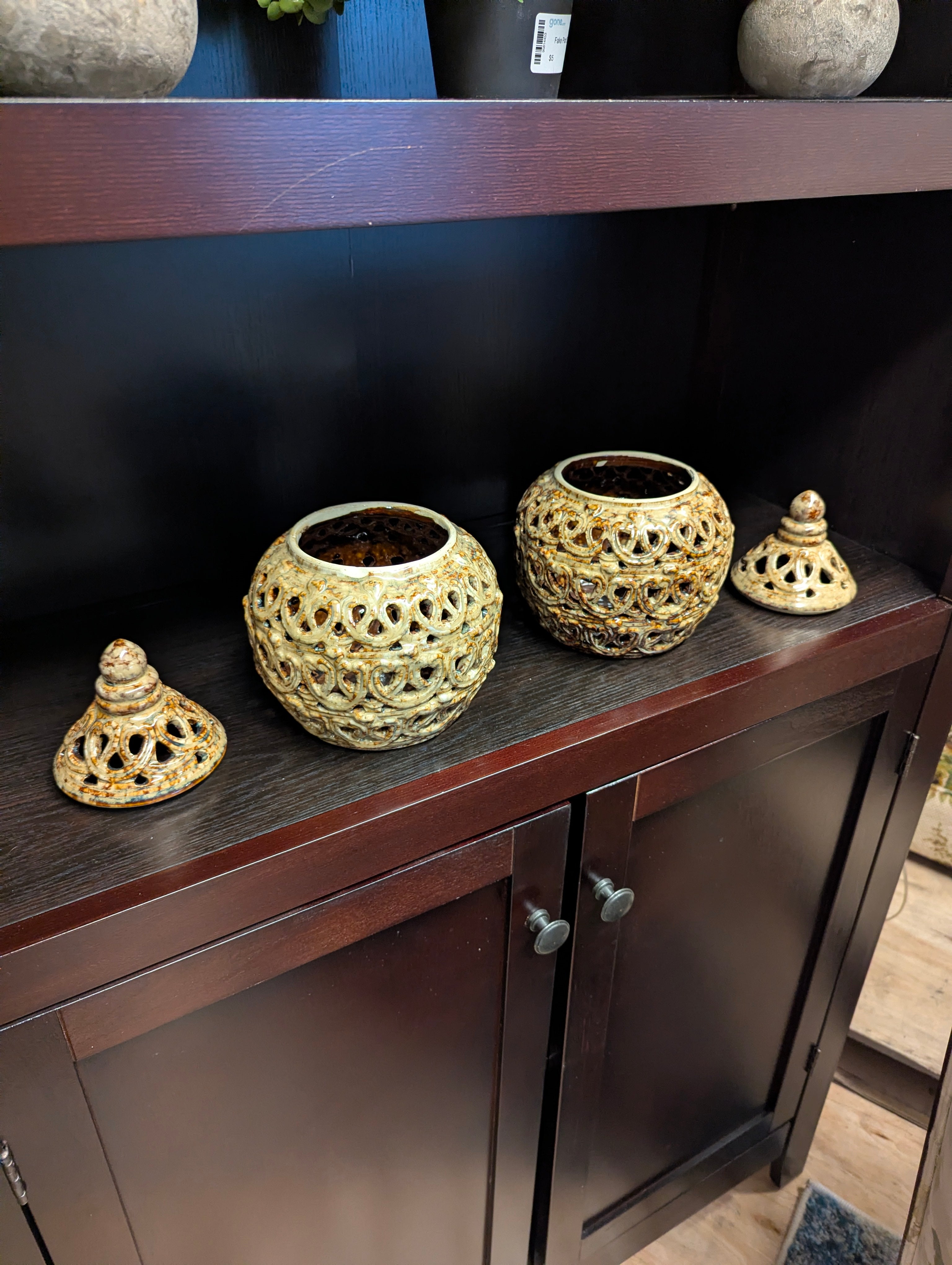 Ornate Pierced Ceramic Lidded Jar Decorative Urn