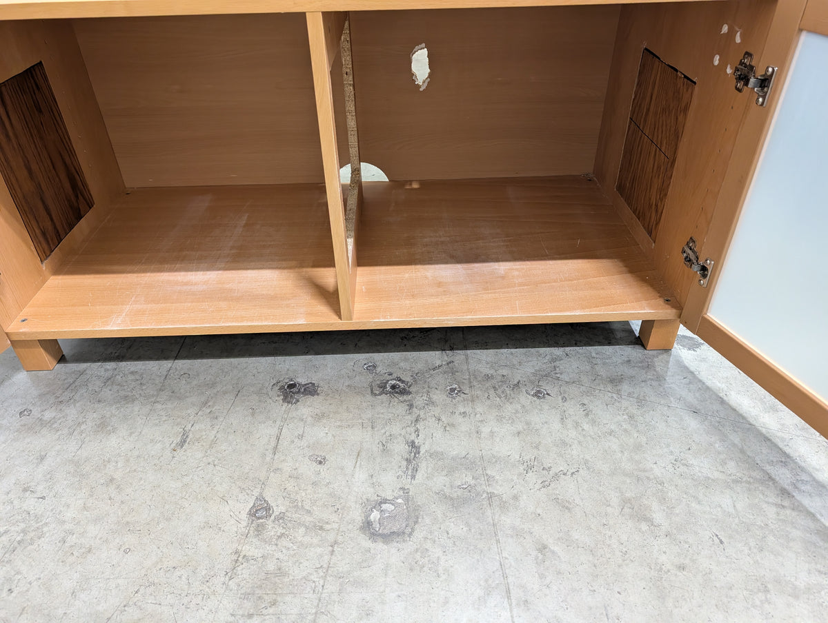 Light Wood Storage Cabinet with Frosted Panel Doors and Open Cubby