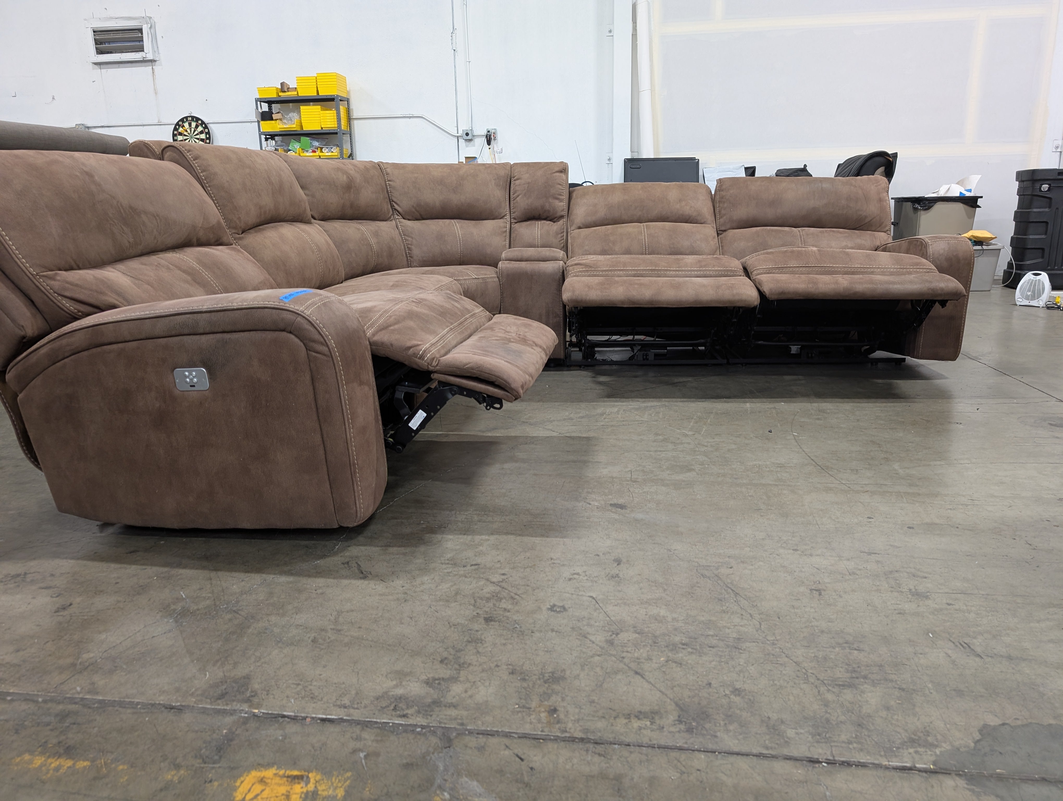 Taupe Faux Suede Reclining Sectional Couch with Console