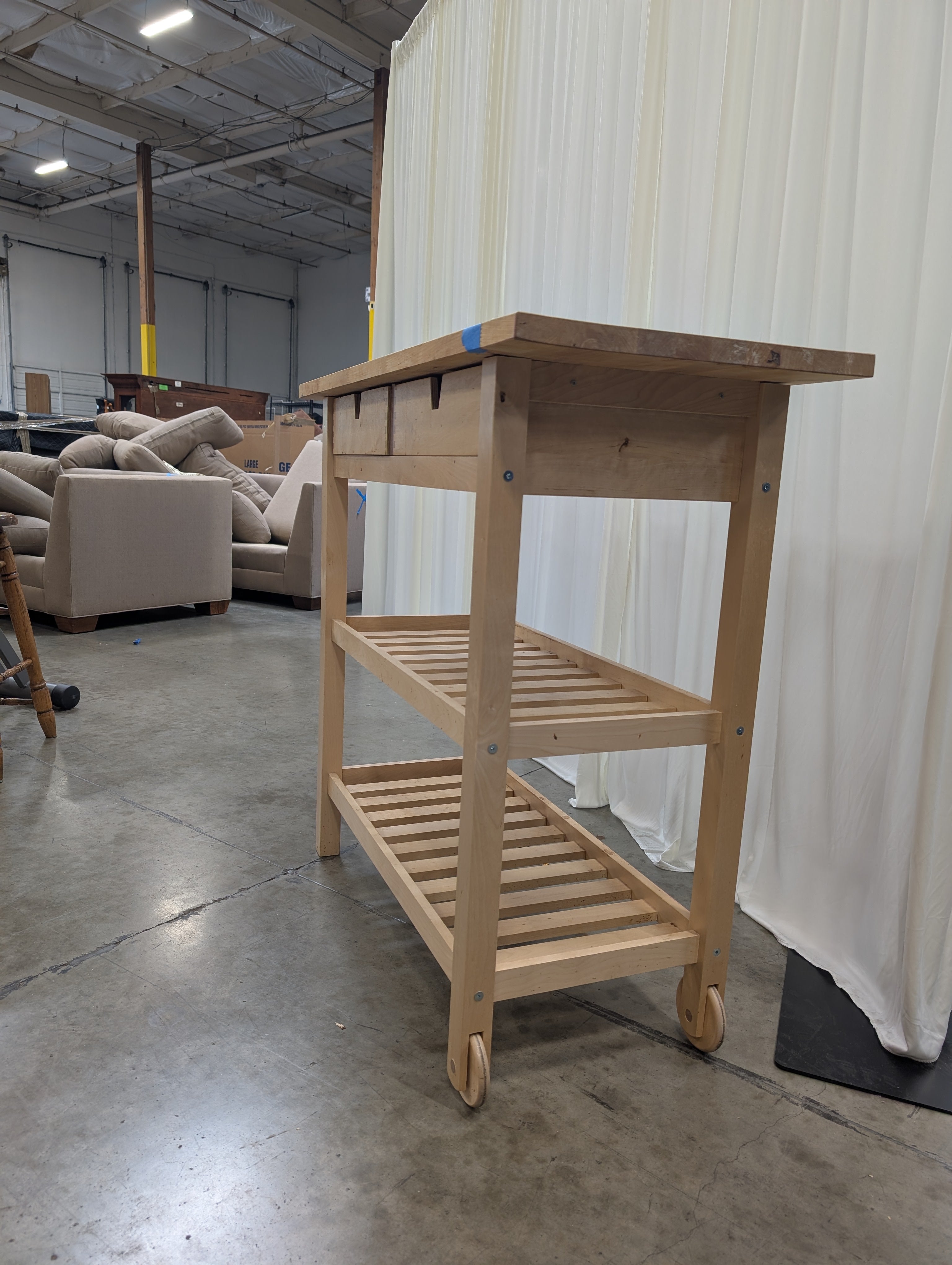 Natural Wood Kitchen Island Cart with Drawers and Slatted Shelves