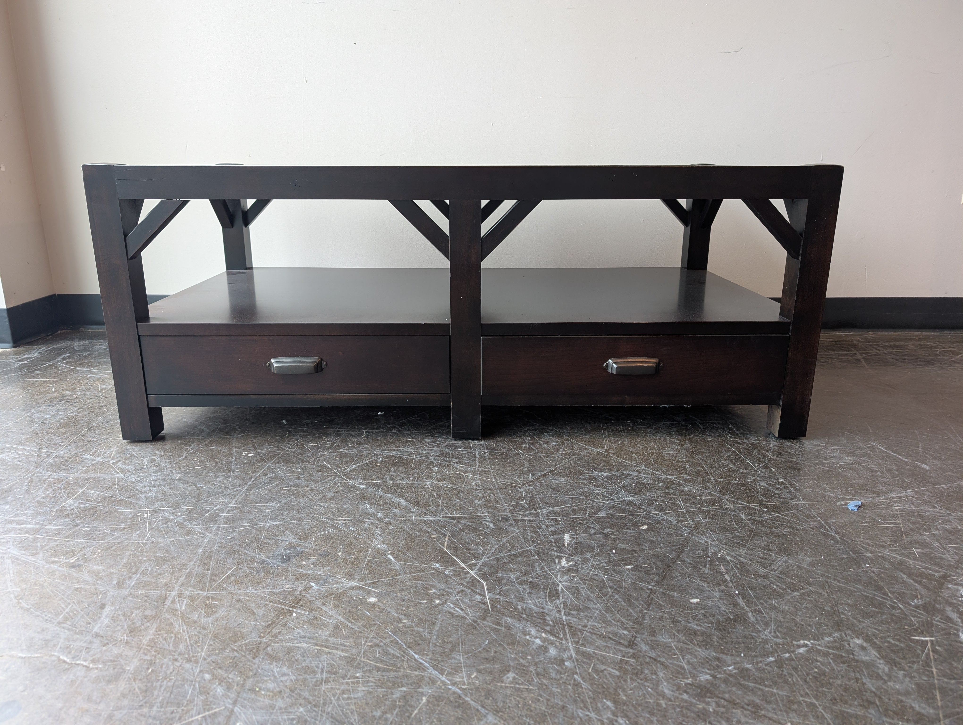 Modern Dark Brown Coffee Table with Storage Drawers and Shelf