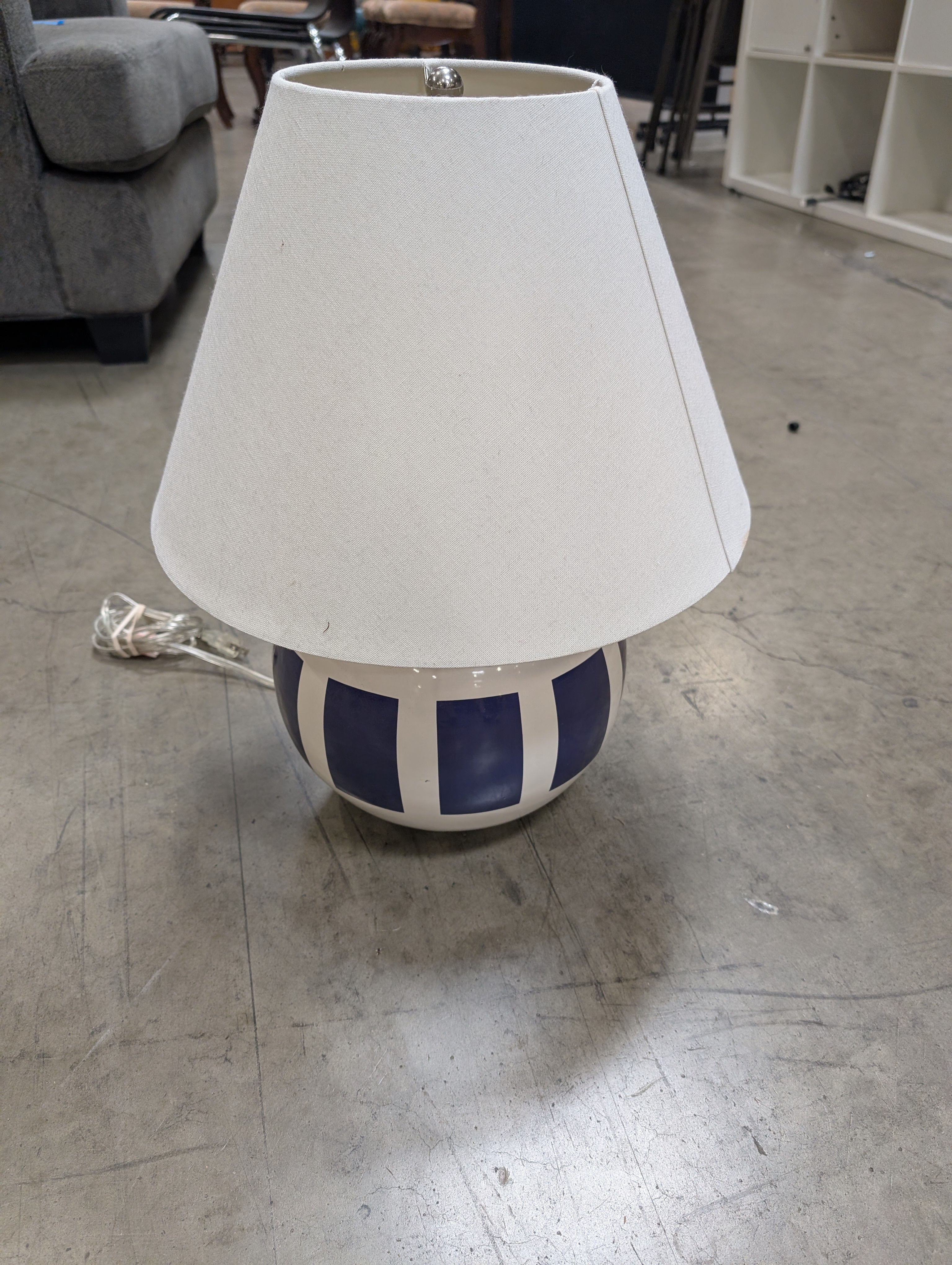 Navy and White Patterned Globe Table Lamp with Fabric Shade