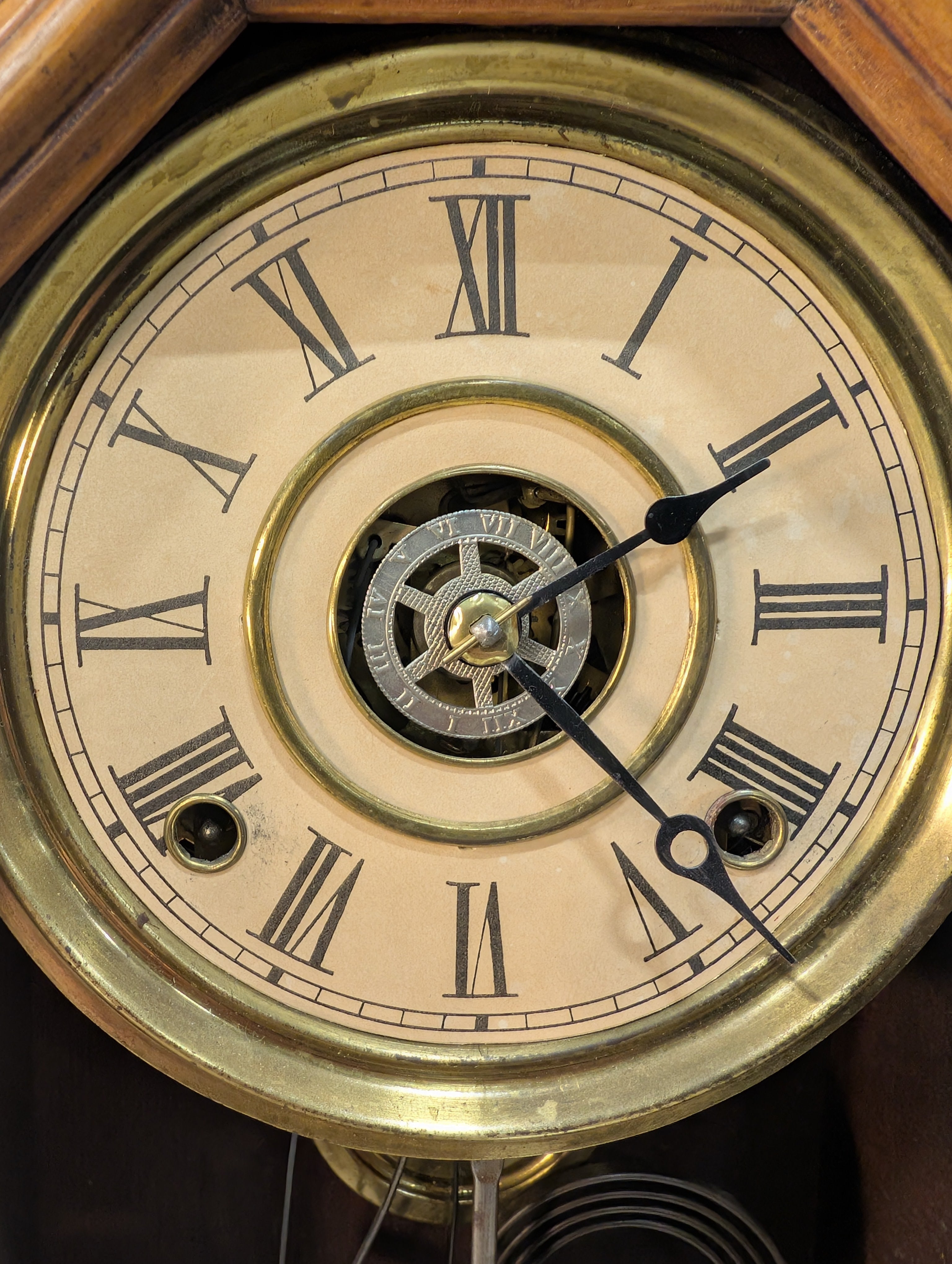 Vintage Carved Wood Mantel Clock with Pendulum and Thermometer