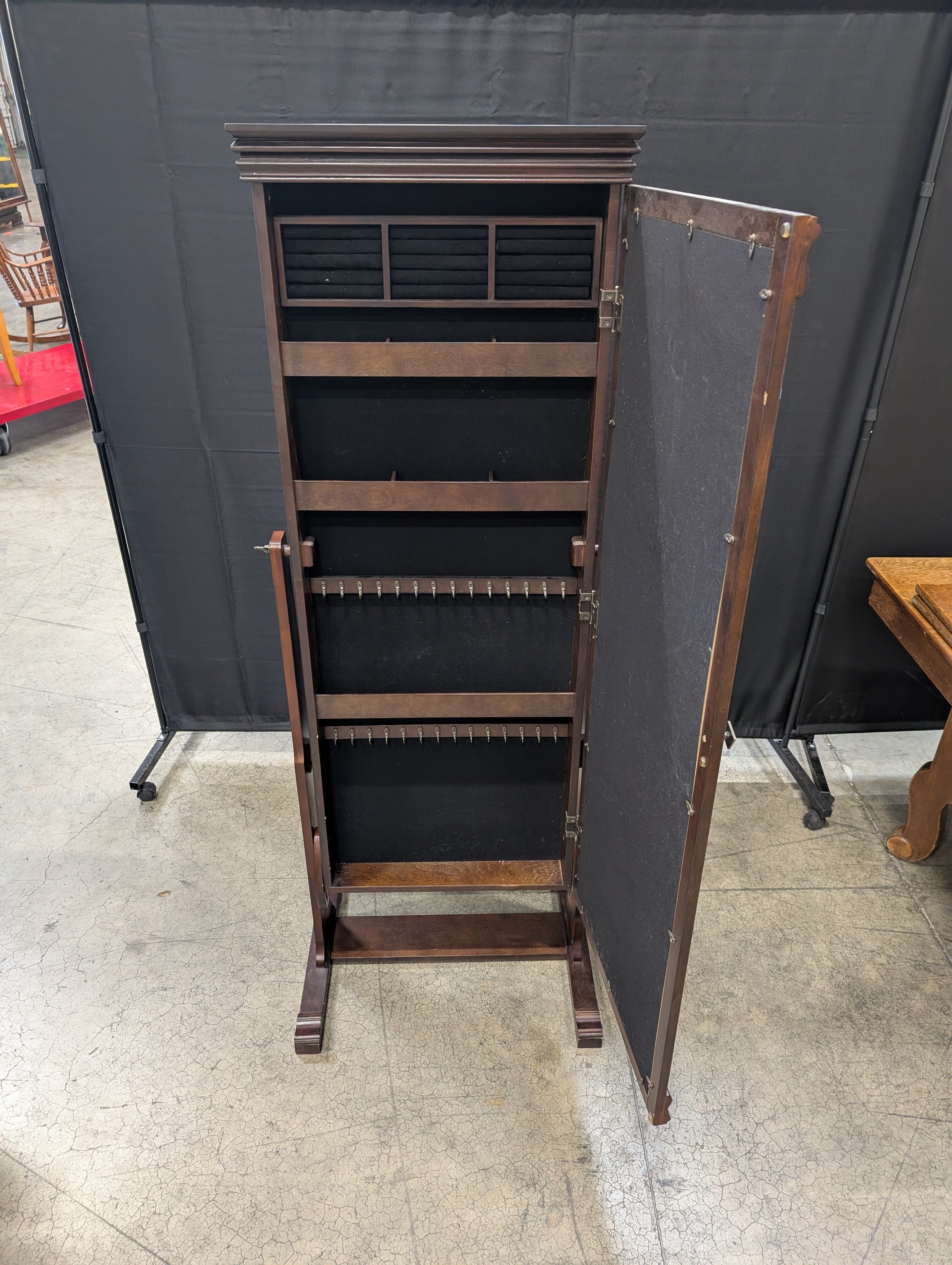 Freestanding Dark Wood Cheval Mirror Jewelry Armoire