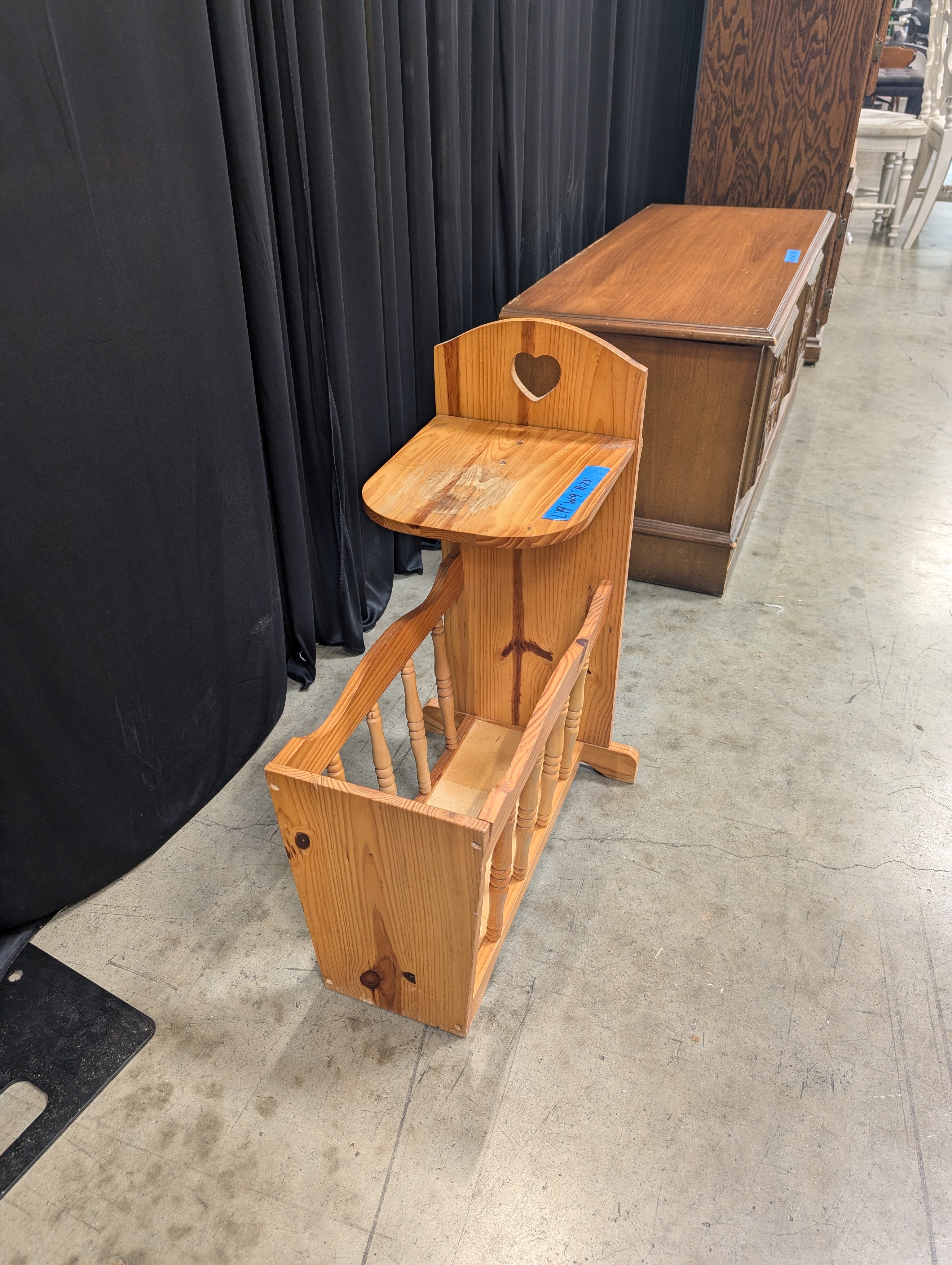 Vintage Pine Magazine Rack with Attached Shelf