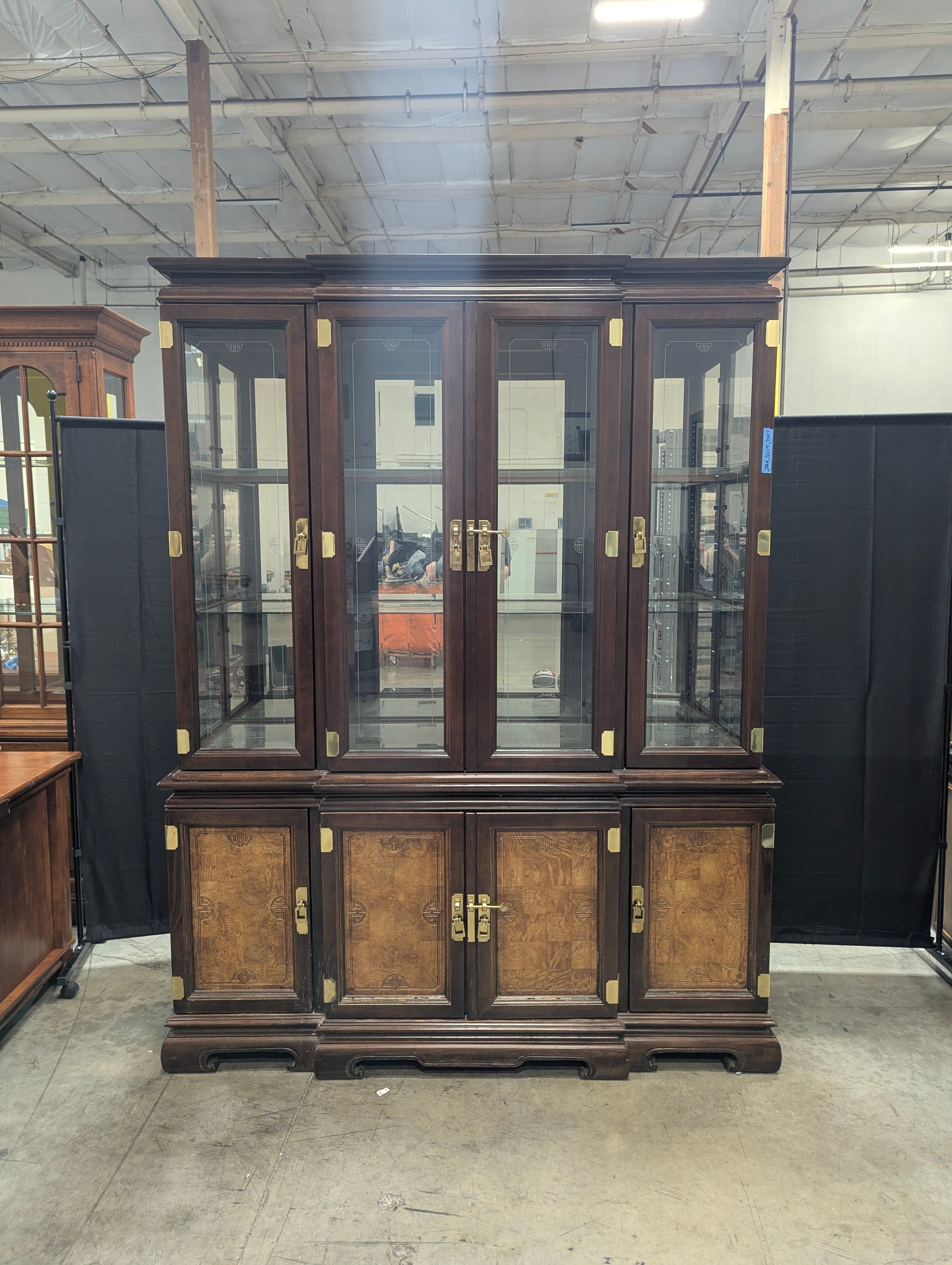 Dark Wood Glass Display Cabinet with Burl Wood Panels