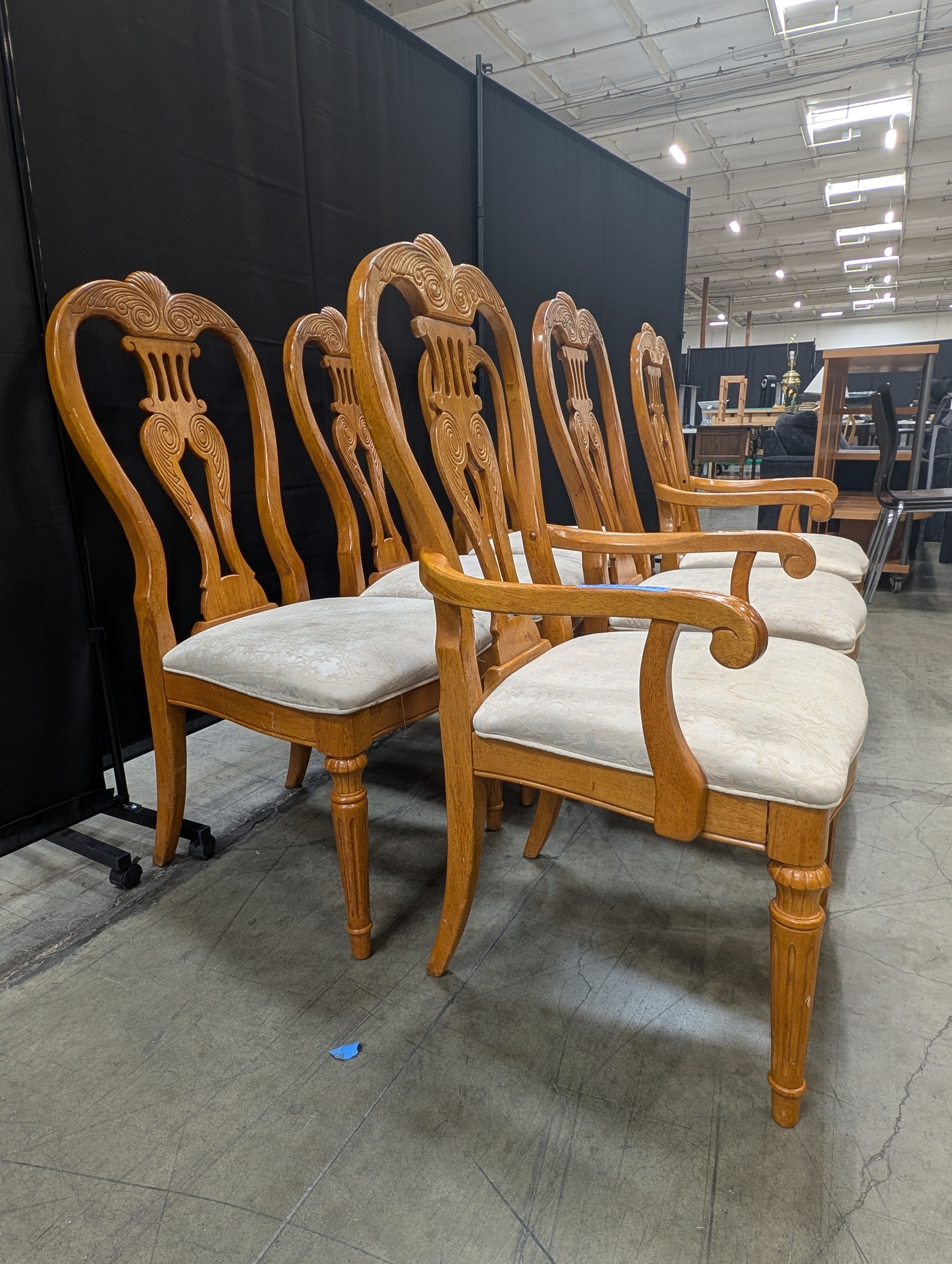 Set of Six Ornate Carved Wood Accent Chair with Upholstered Seat