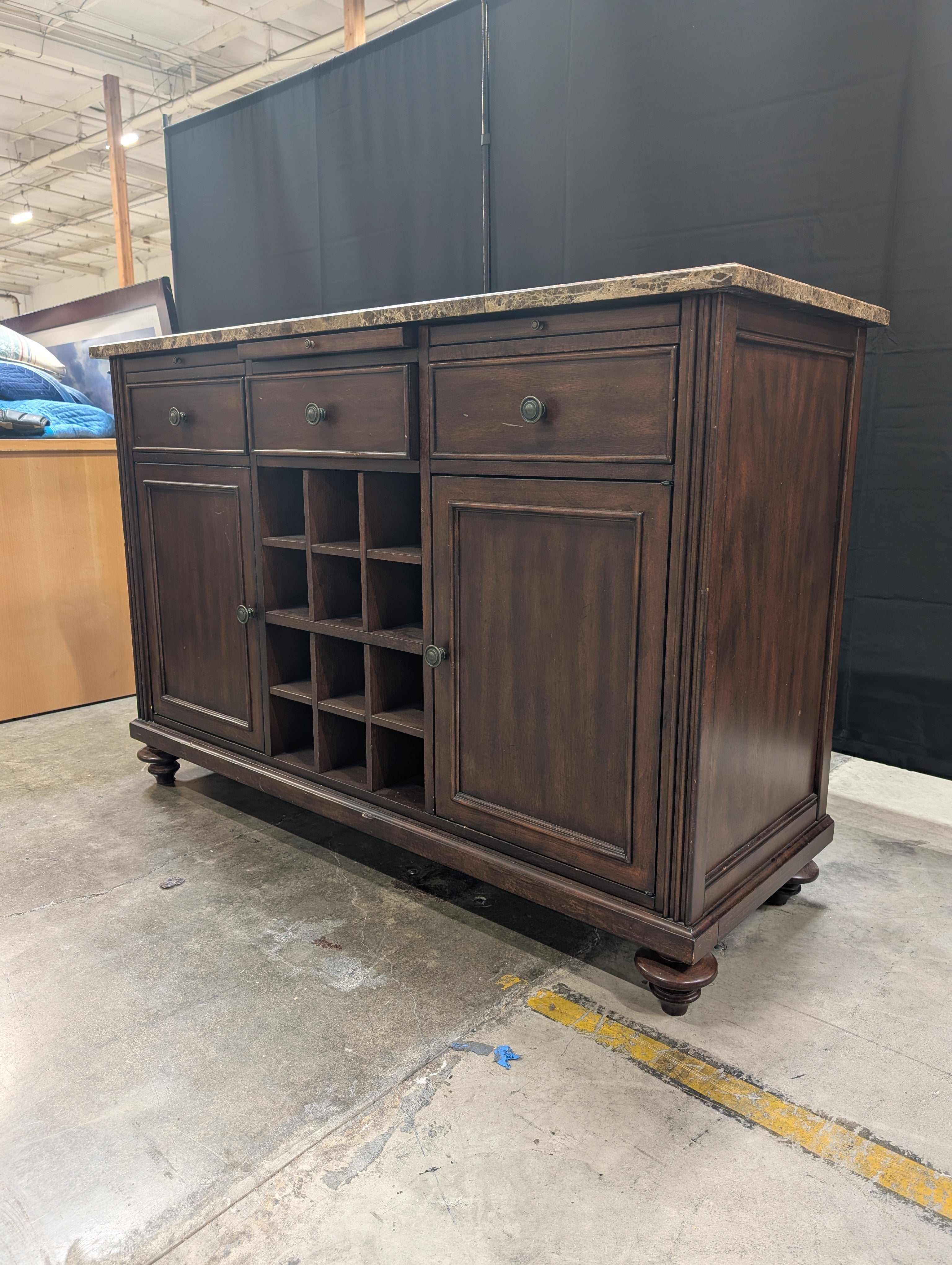 Dark Wood FLEXSTEEL Buffet Cabinet with Stone Top and Wine Storage