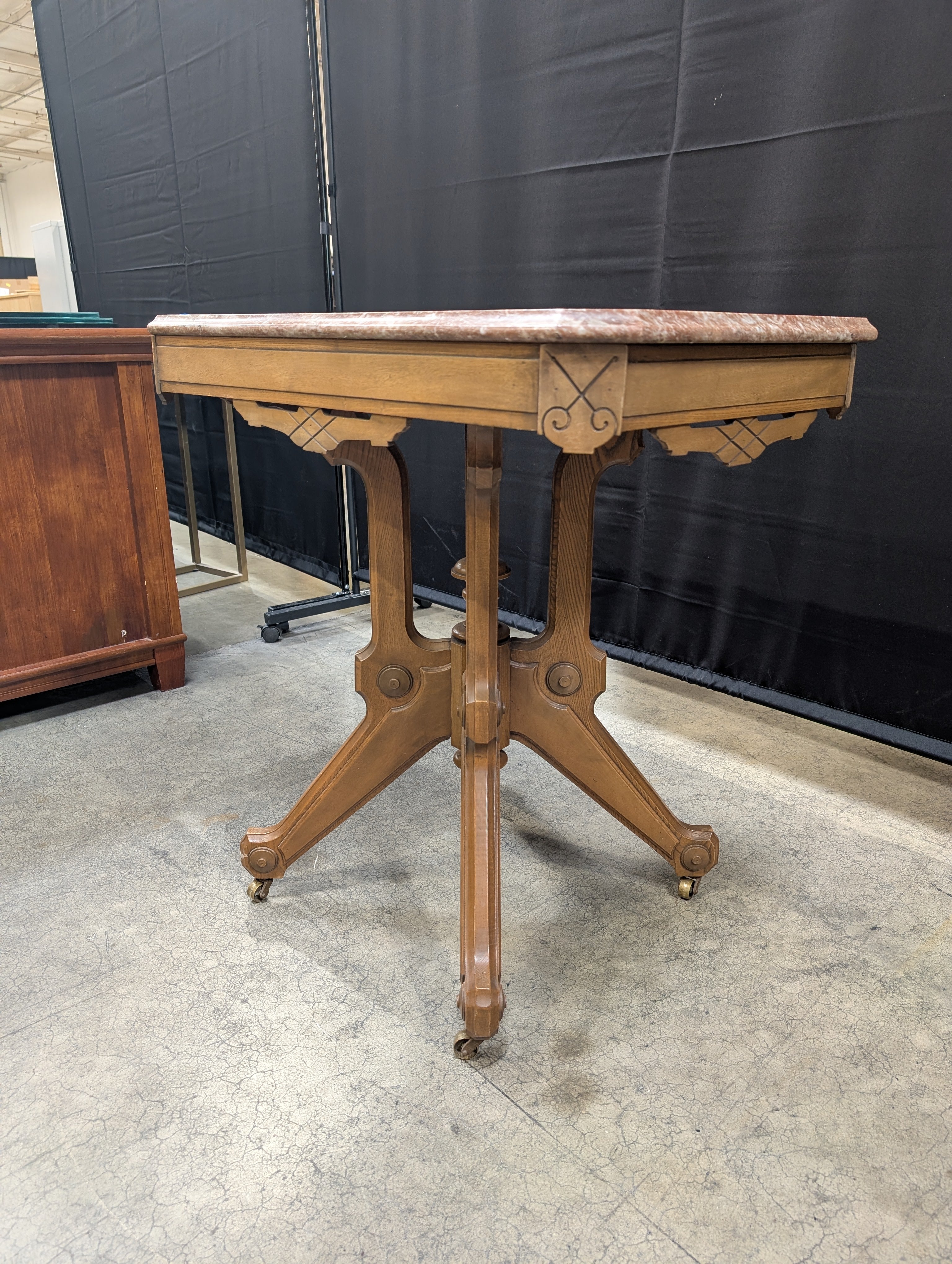 Vintage Hexagonal Marble Top Accent Table with Carved Wood Base