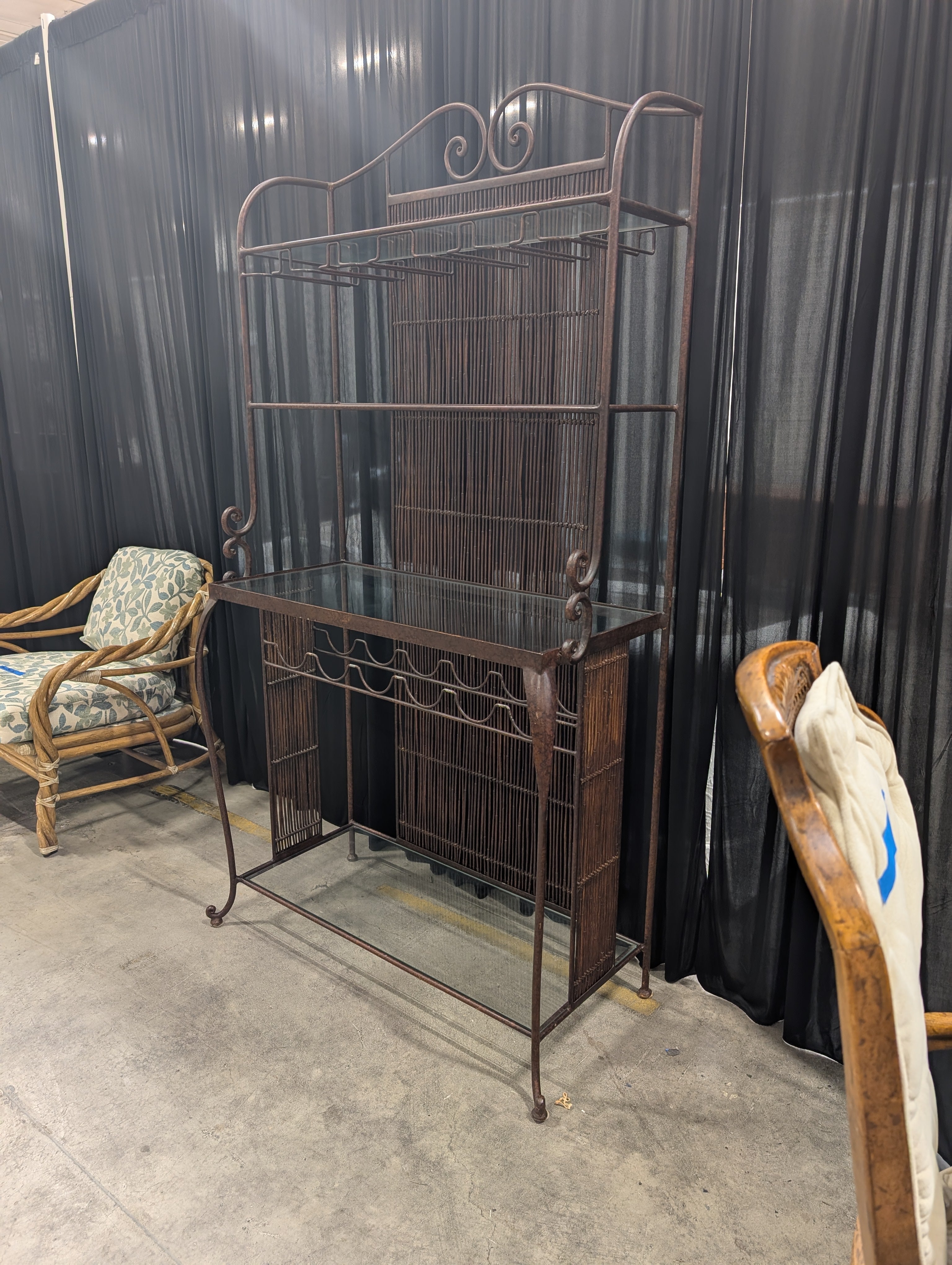 Ornate Dark Metal Baker's Rack with Woven Back