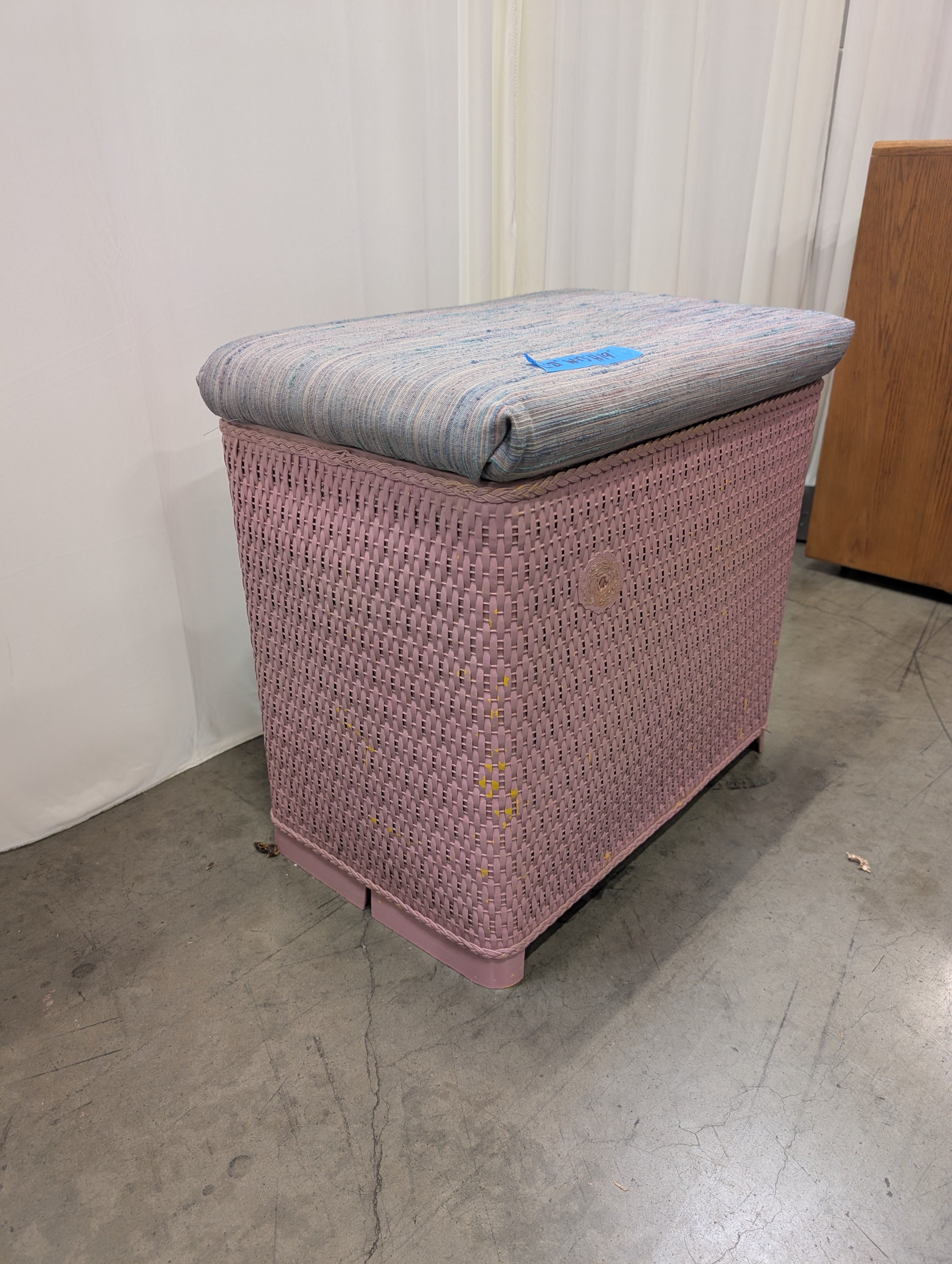 Pink Woven Wicker Storage Ottoman with Padded Lid