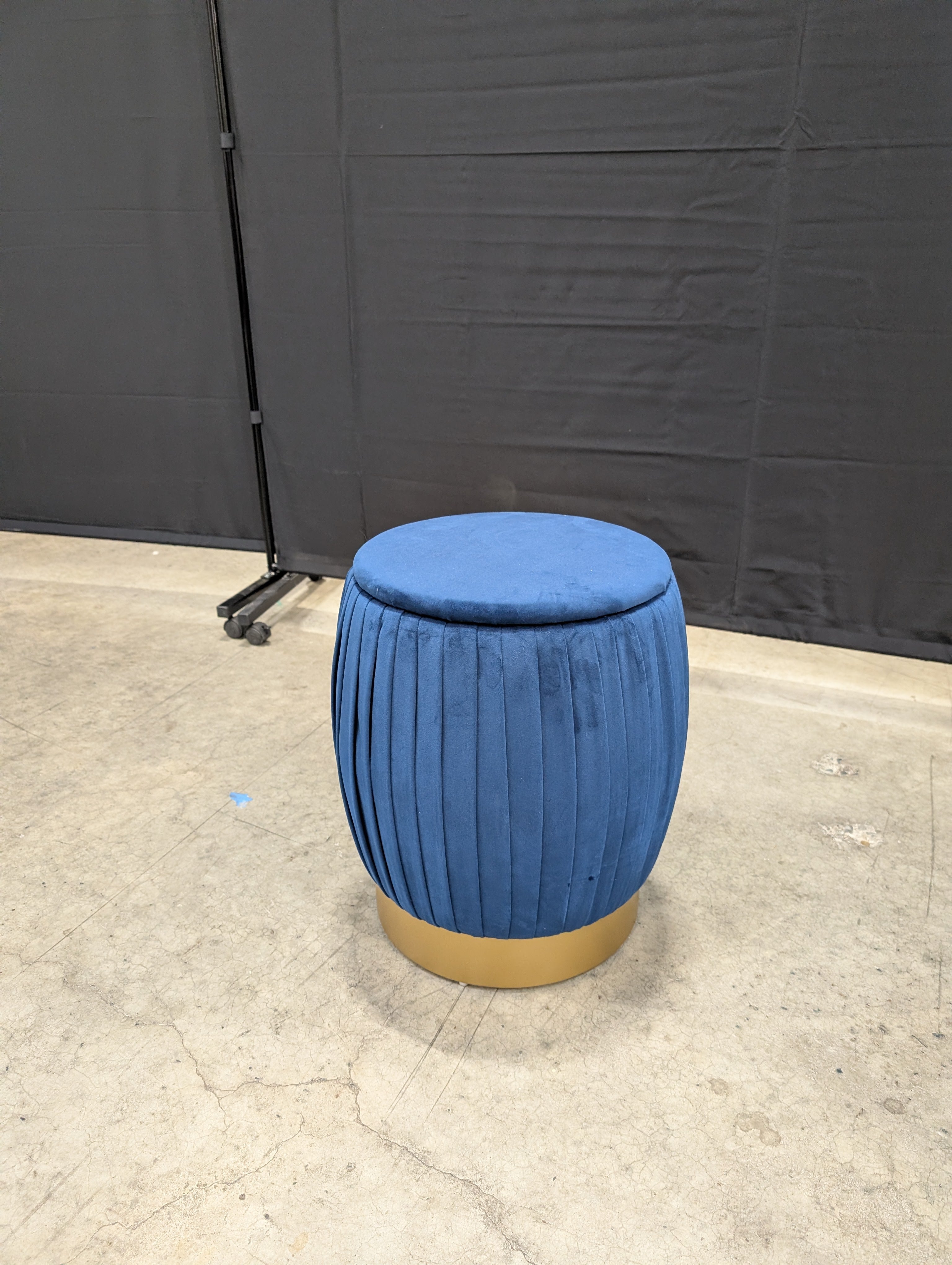 Plush Blue Velvet Pleated Storage Ottoman with Gold Base