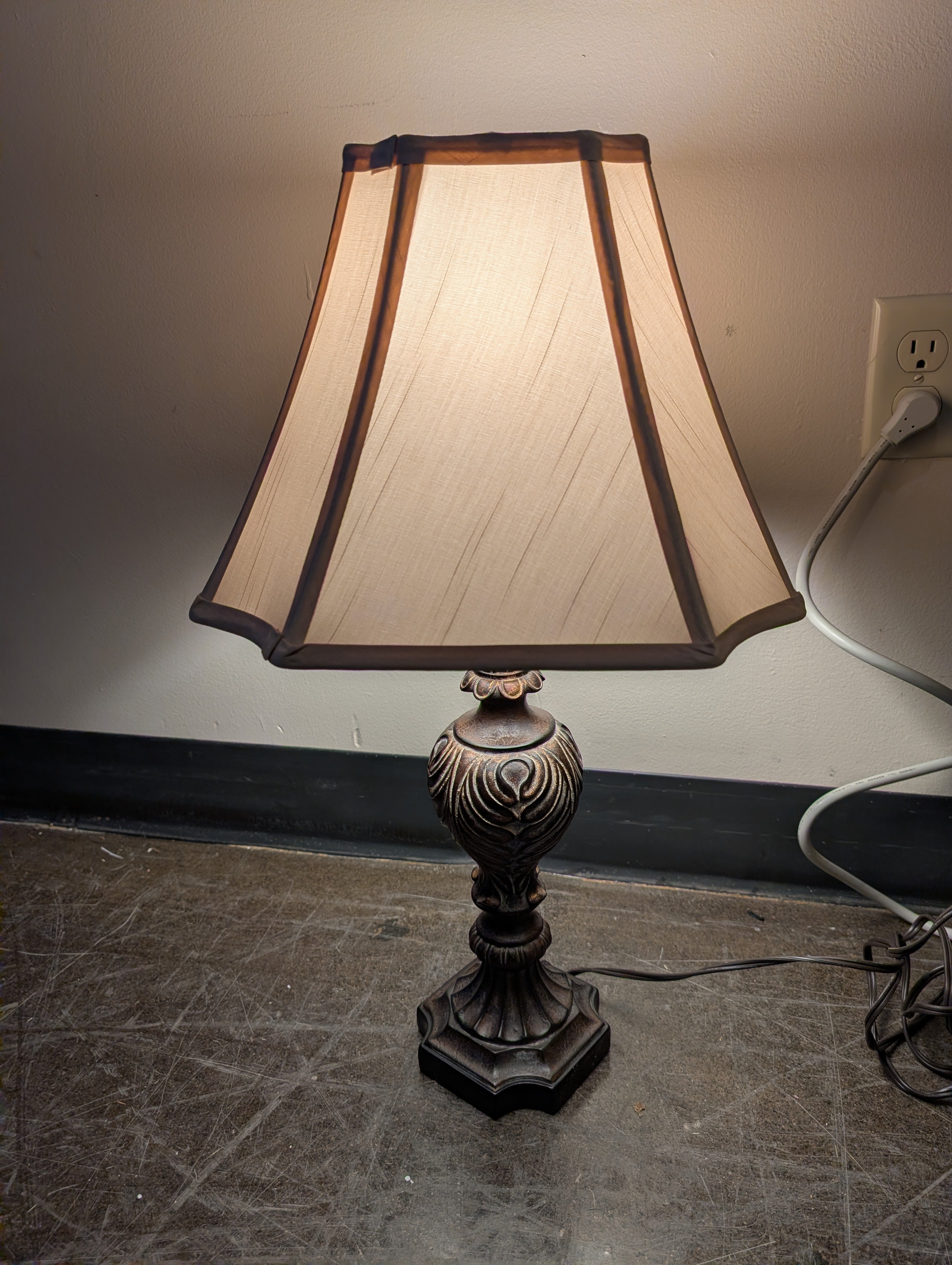 Ornate Bronze Finish Table Lamp with Tapered Fabric Shade