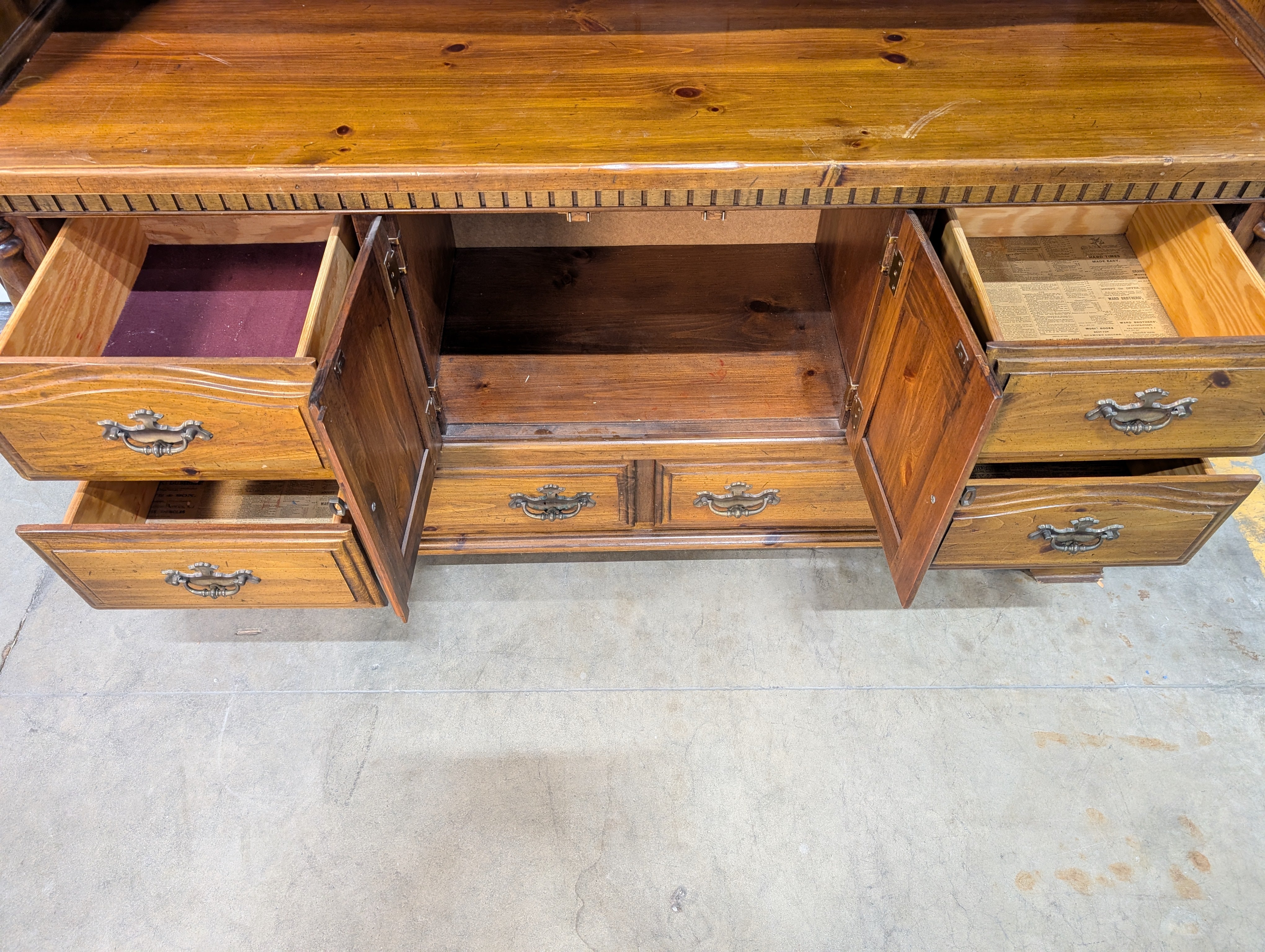 Rustic Hardwood Hutch with Glass-Front Cabinets