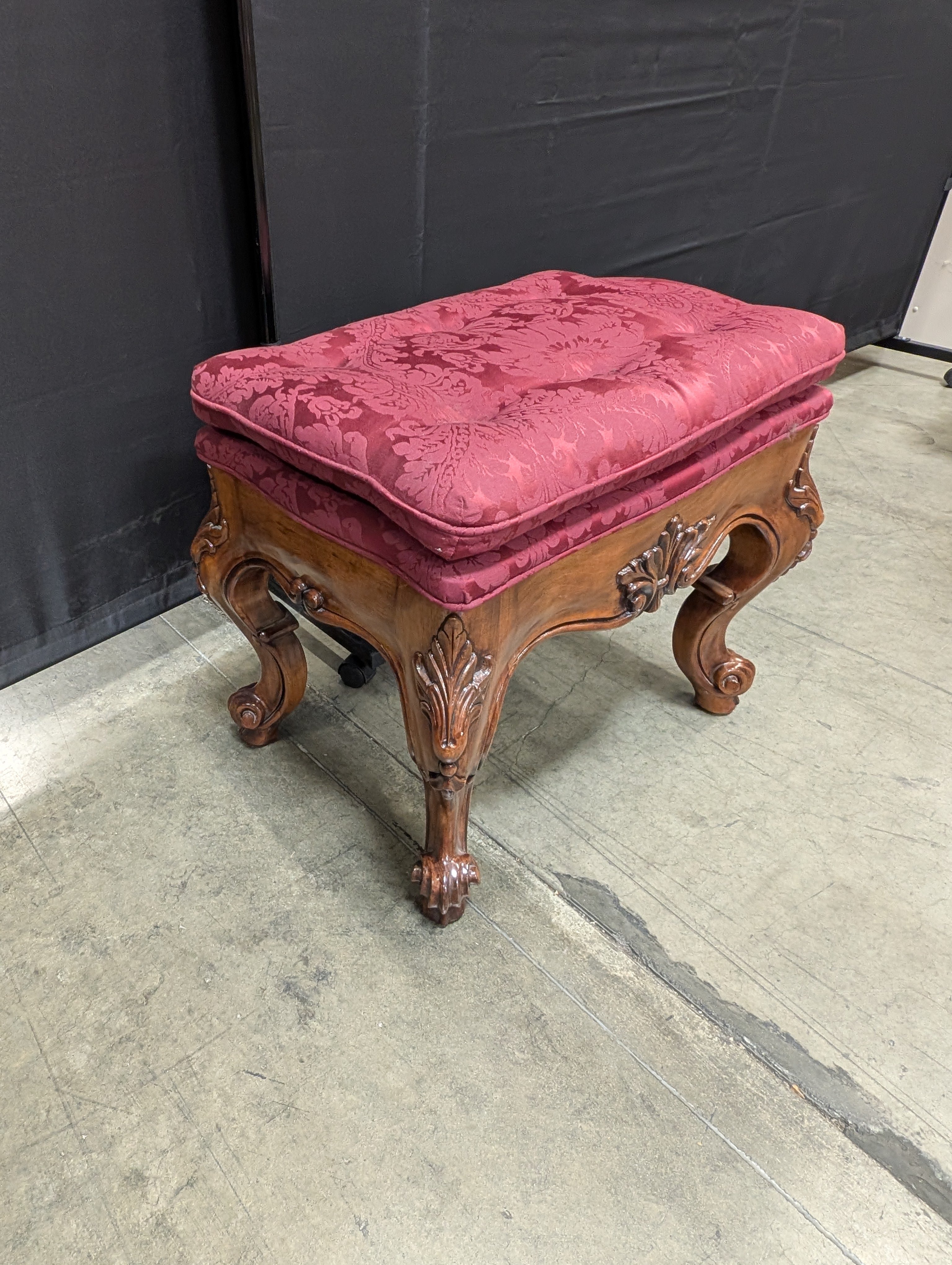 Ornate Carved Wood Tufted Ottoman