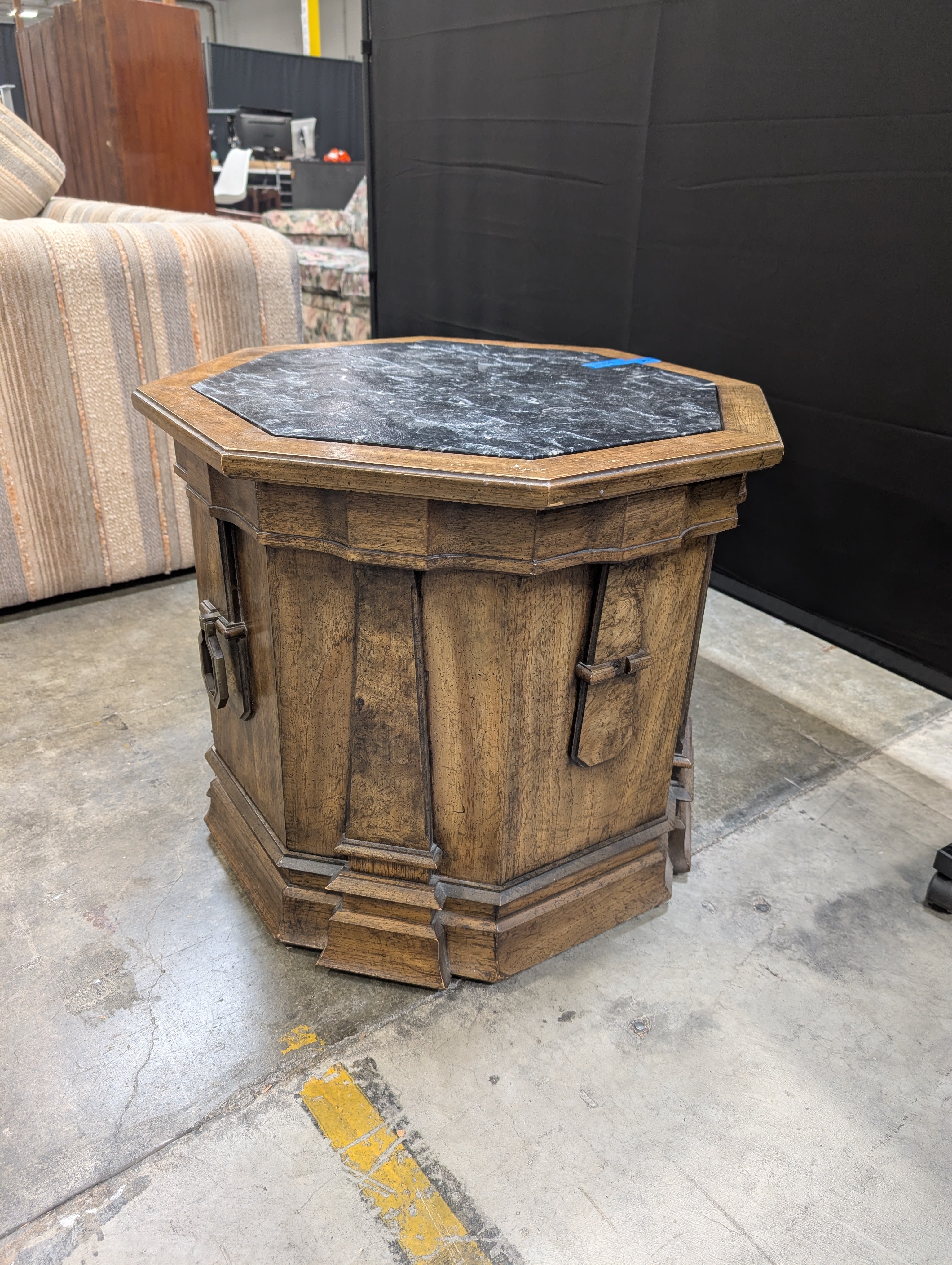 Octagonal Dark Wood End Table with Black Textured Top