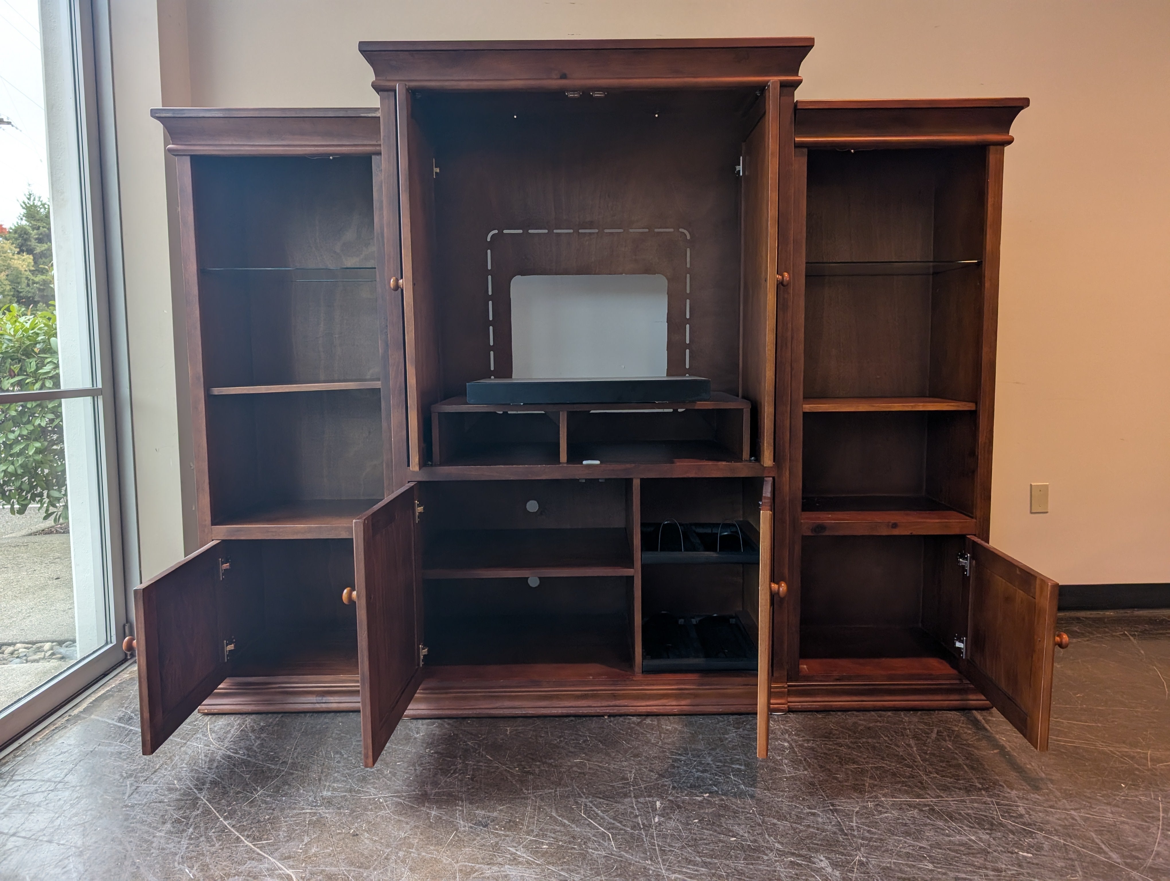 Spacious Brown Wood Entertainment Center with Woven Cabinet Doors