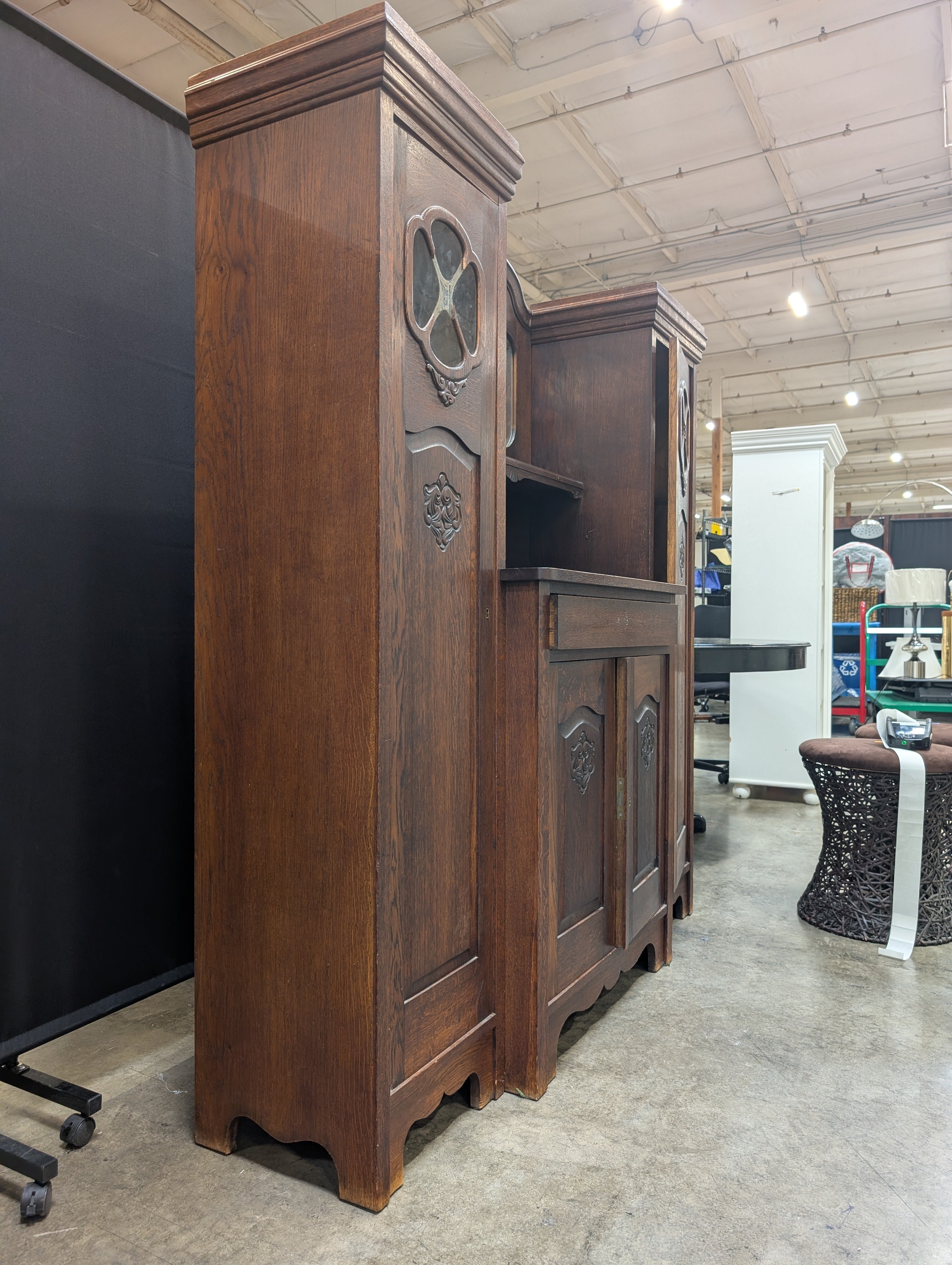 Carved Dark Wood China Cabinet with Mirror