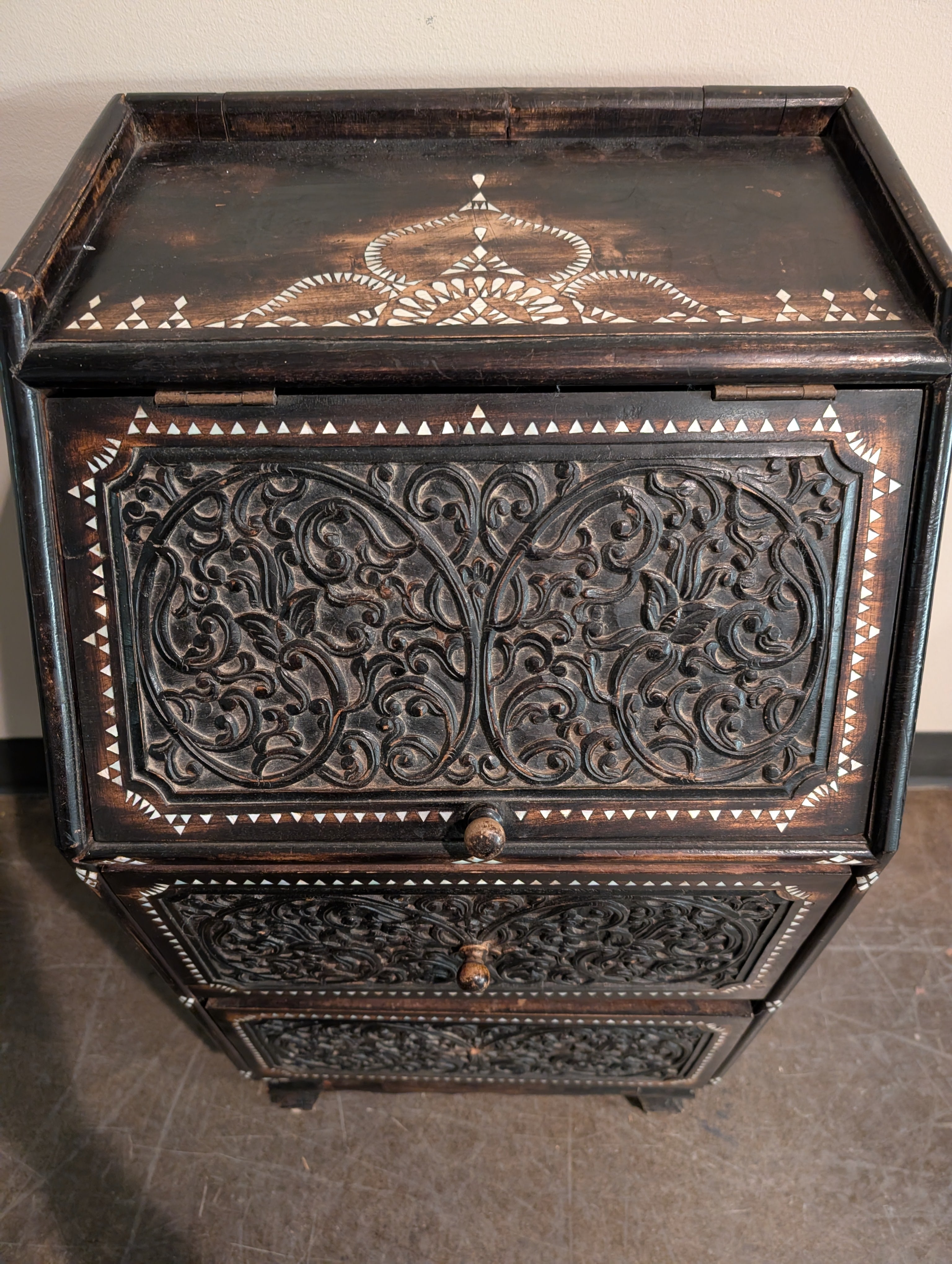Intricate Carved Dark Wood Inlay Secretary Desk