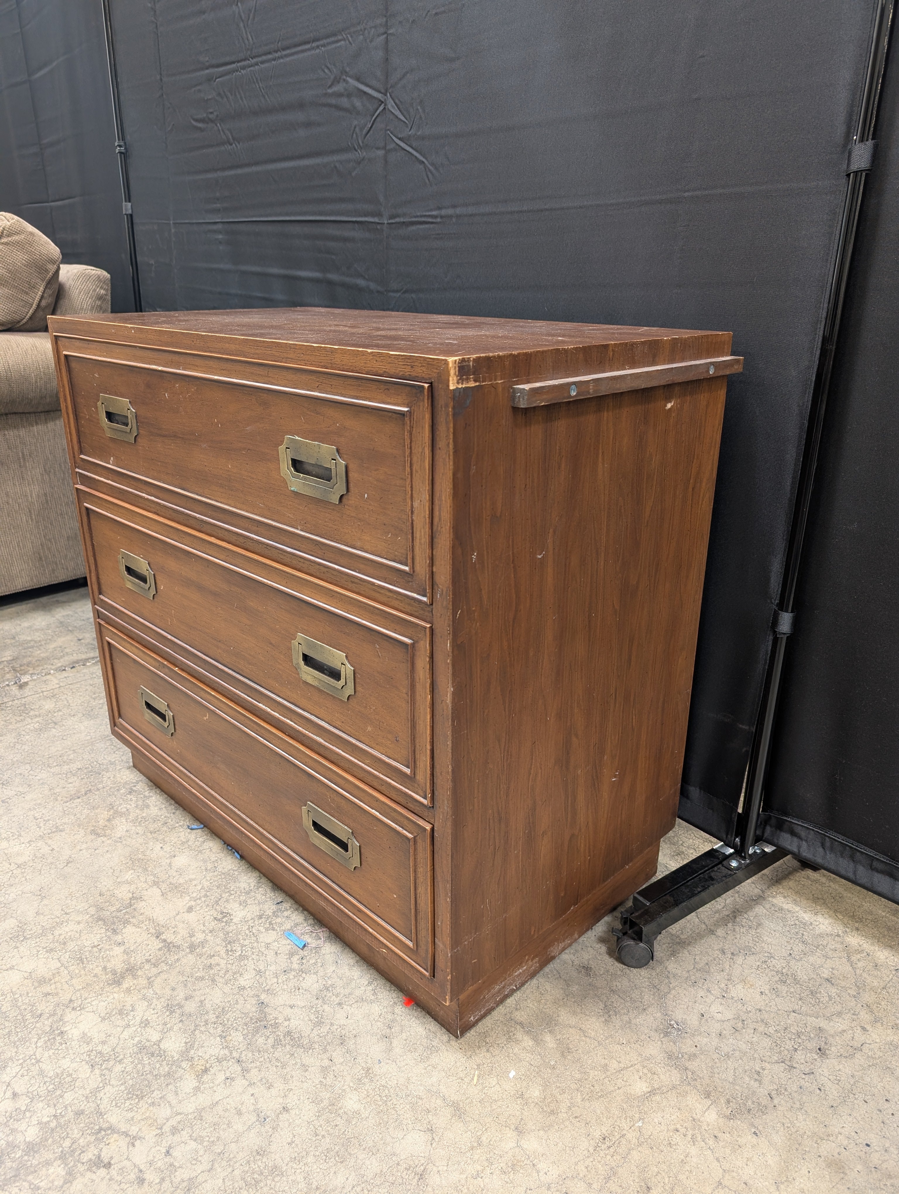 HEKMAN Campaign Style Three-Drawer Dresser with Brass Hardware