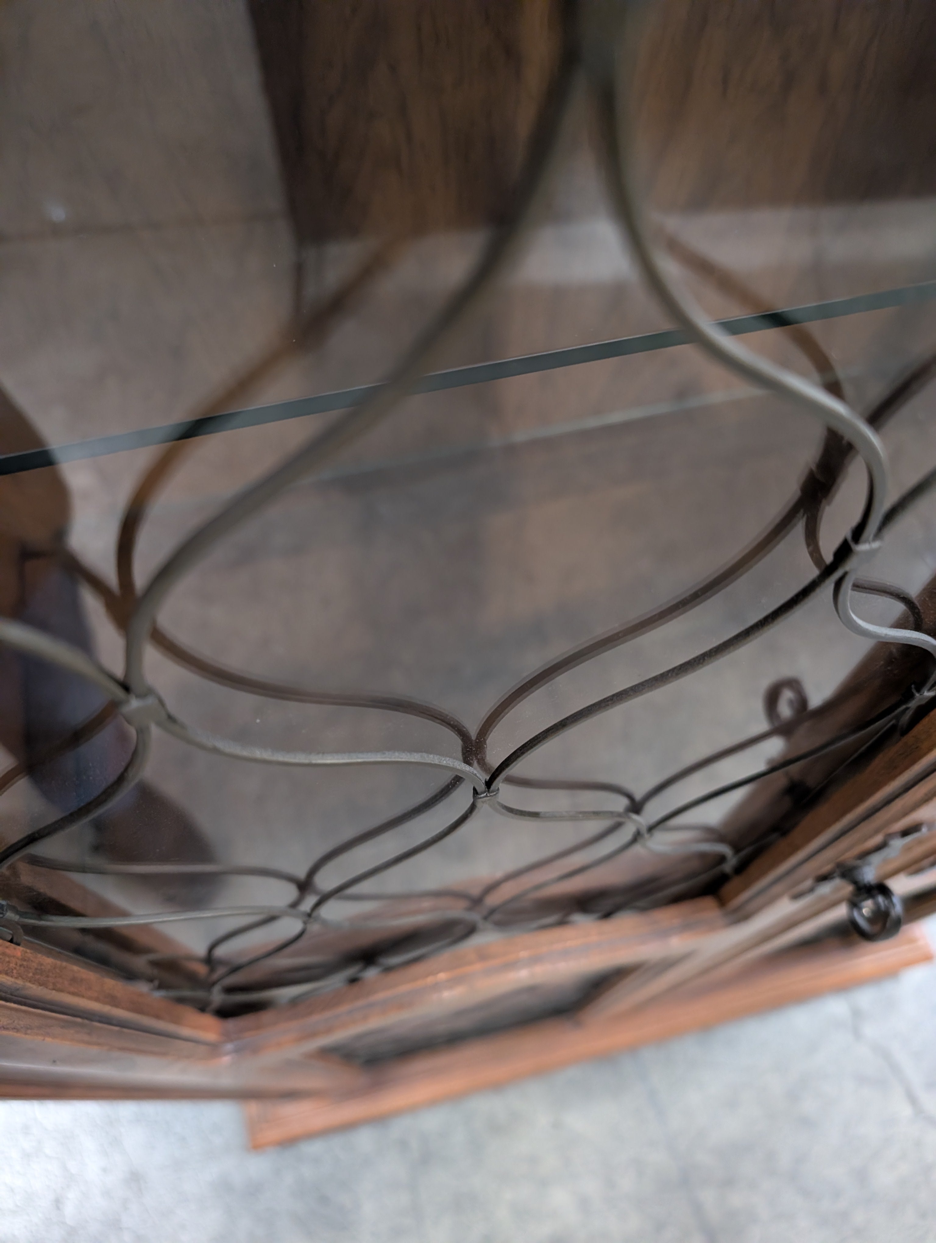 Ornate Wood Display Cabinet with Leaded Glass Doors