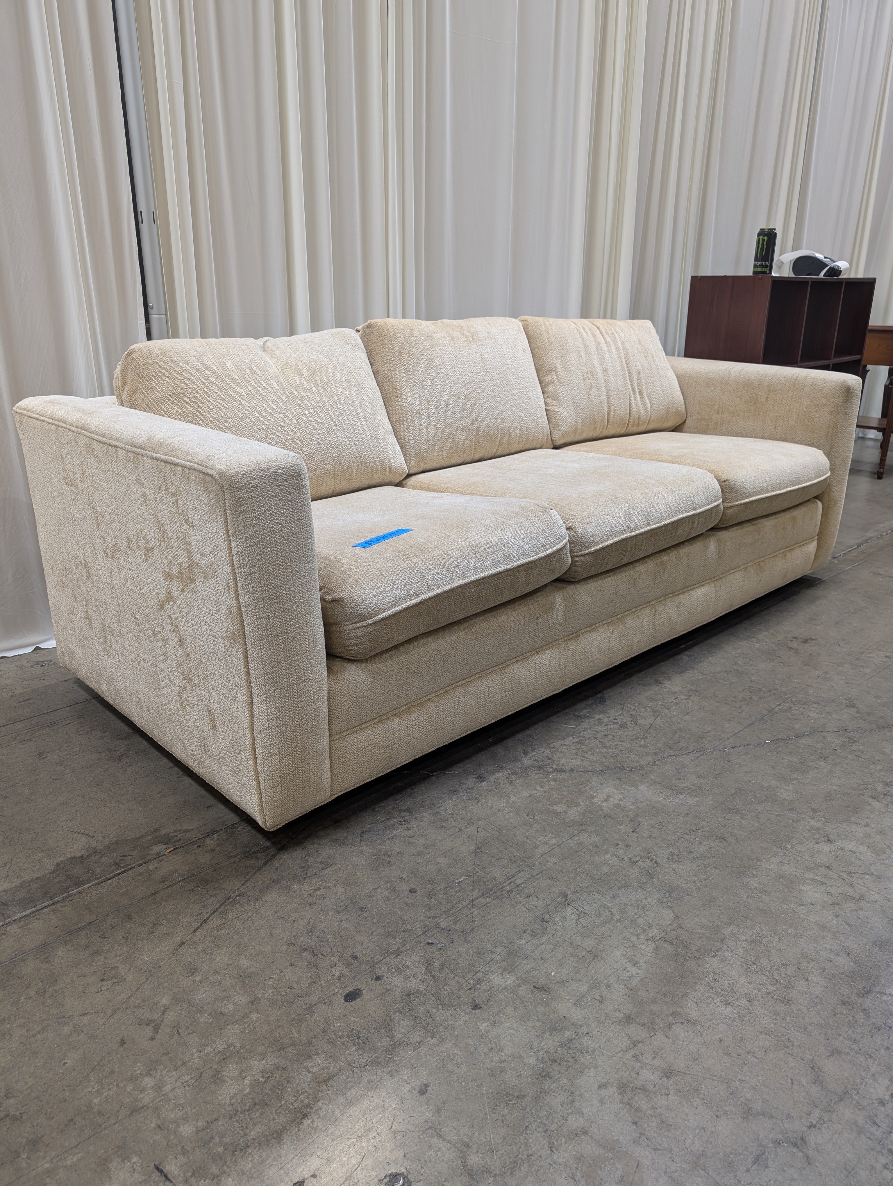 Cream Textured Fabric Couch with Track Arms