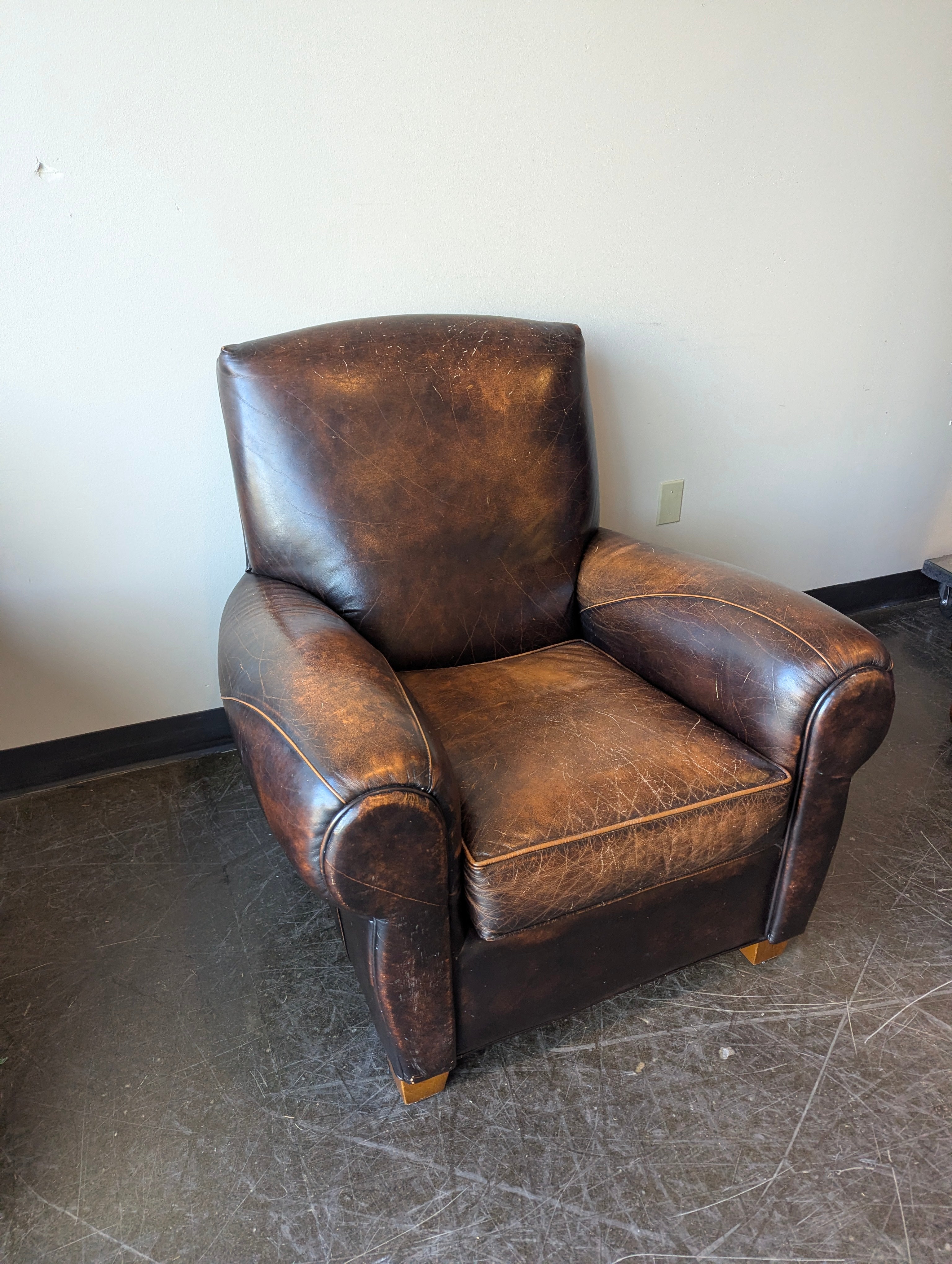 Distressed Brown Leather Club Chair with Rolled Arms