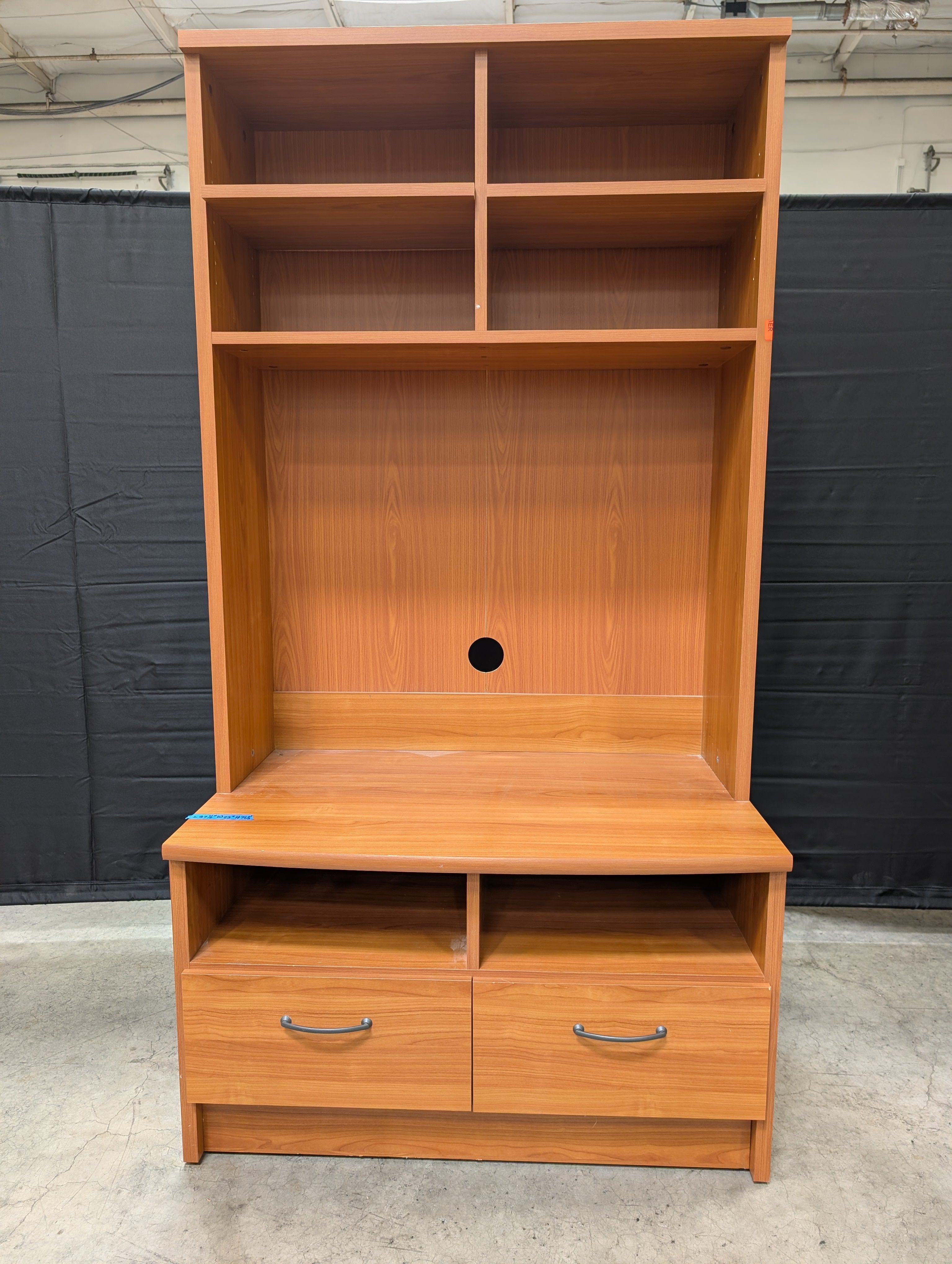 Functional Wood-Toned Desk Hutch with Shelving and Drawers