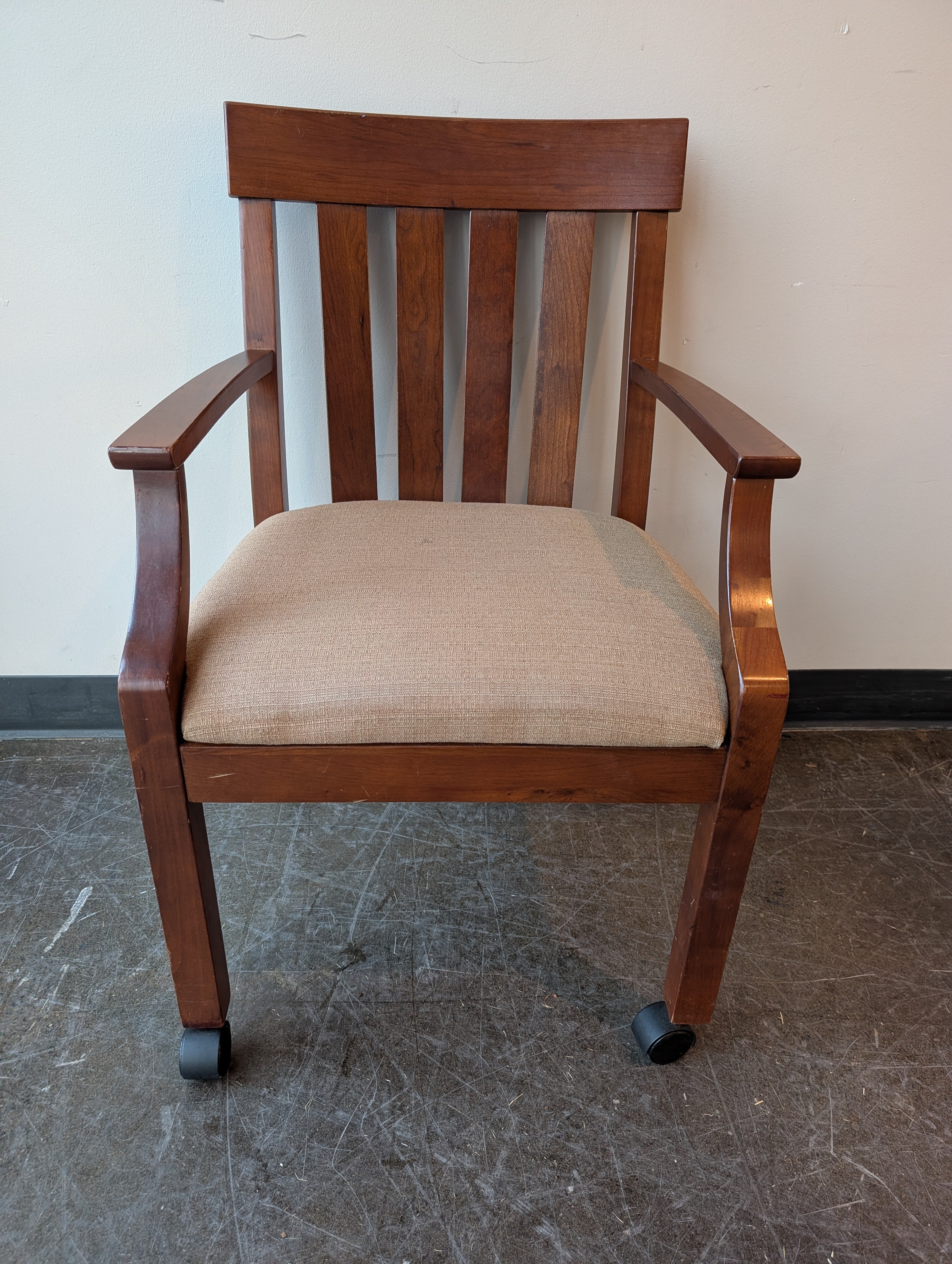 Brown Wood Armchair with Slatted Back and Upholstered Seat