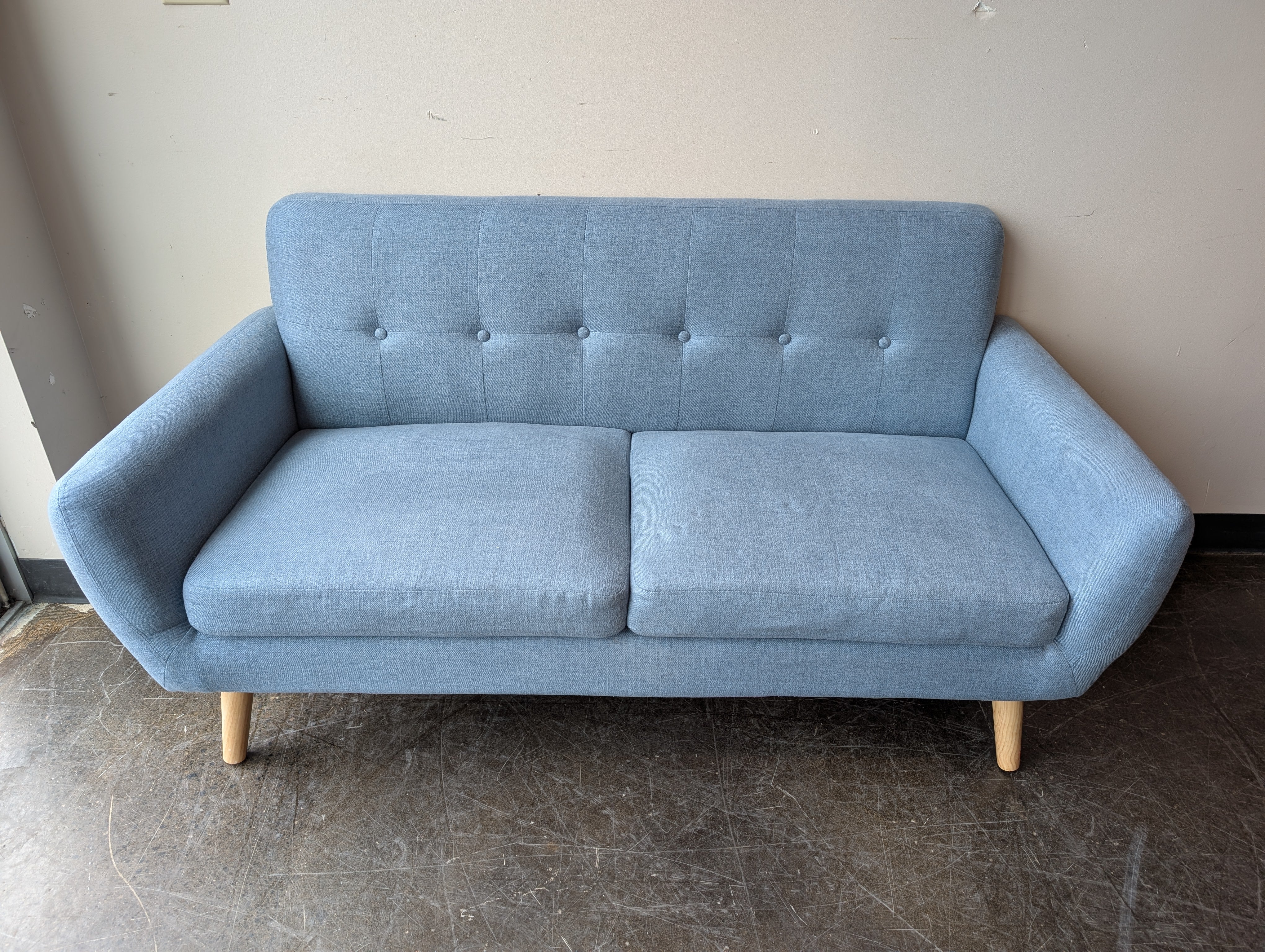Mid-Century Modern Inspired Teal Blue Fabric Loveseat with Tufted Back