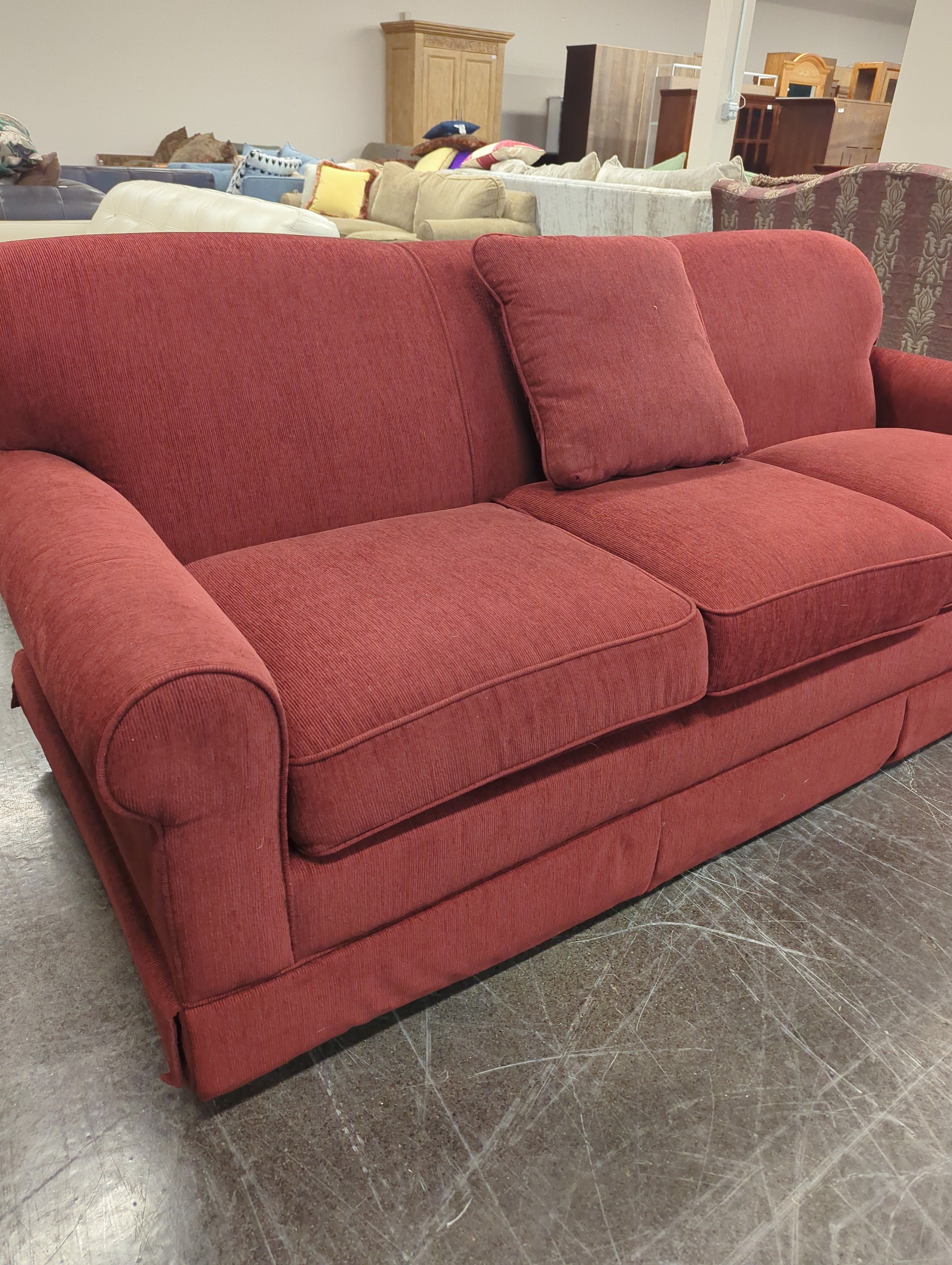 Textured LazyBoy Burgundy Fabric Sofa with Wood Legs