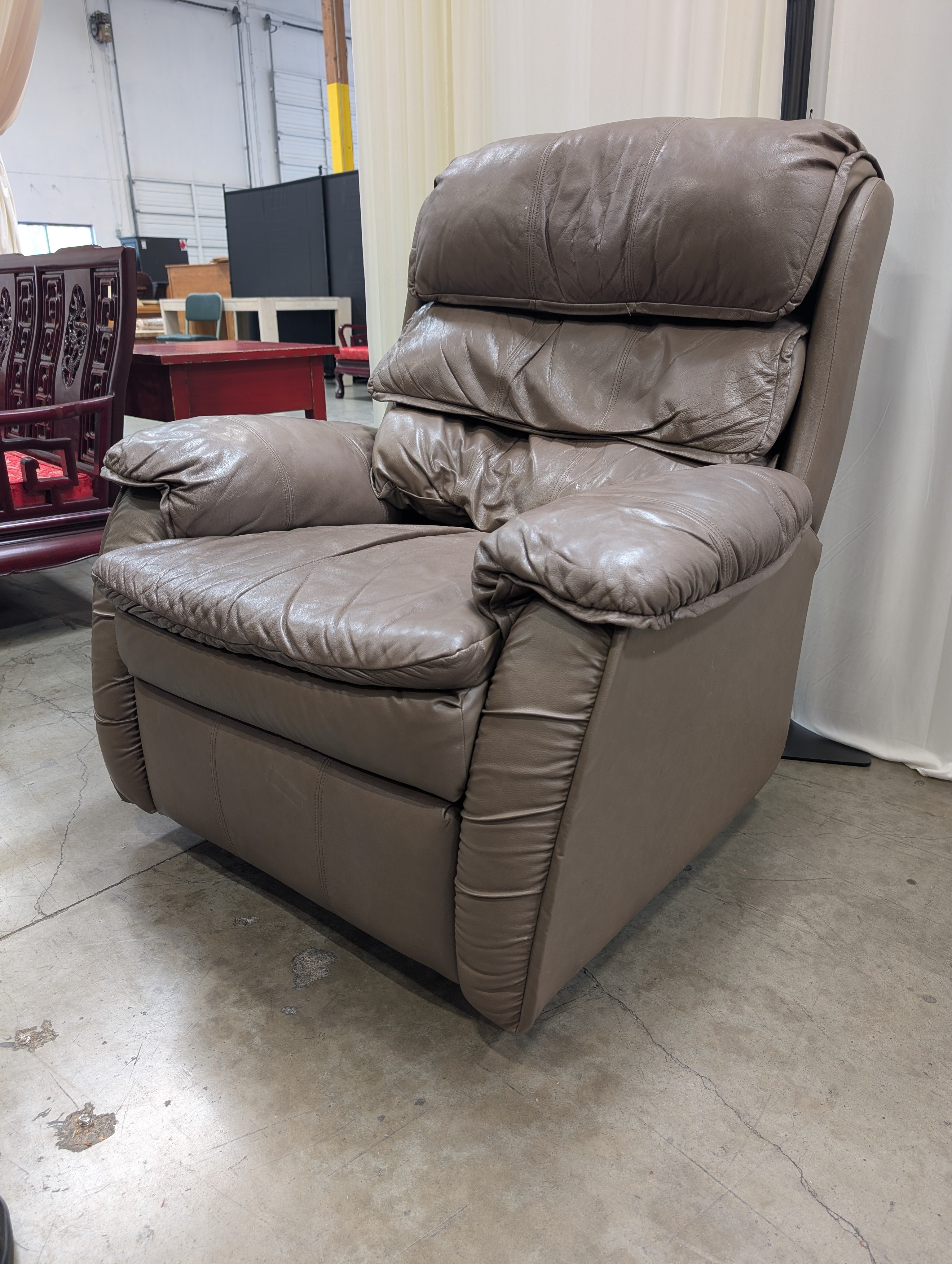 Brown Padded Leather Recliner with Rolled Arms