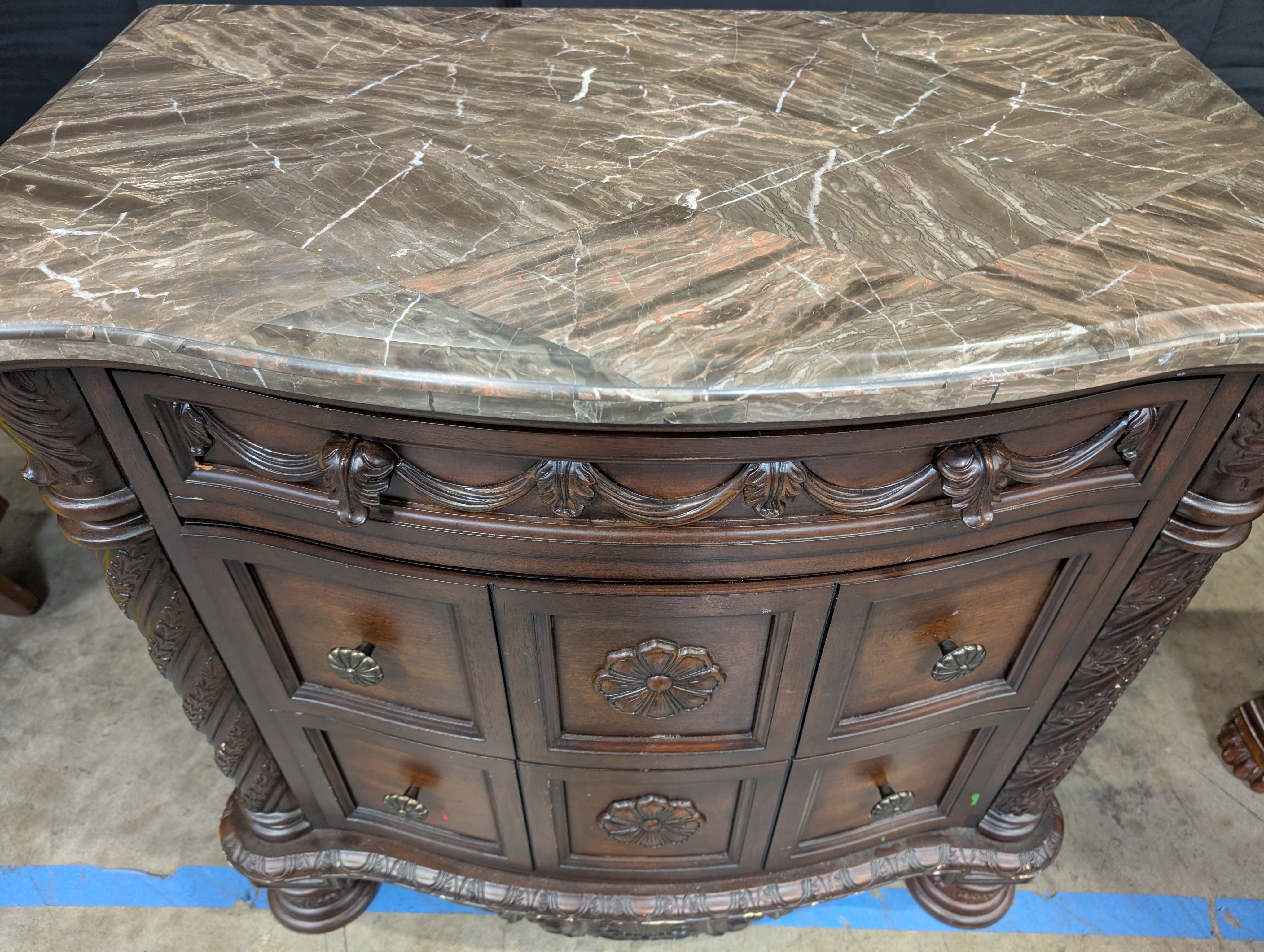 Carved Dark Wood Nightstand with Marble Top