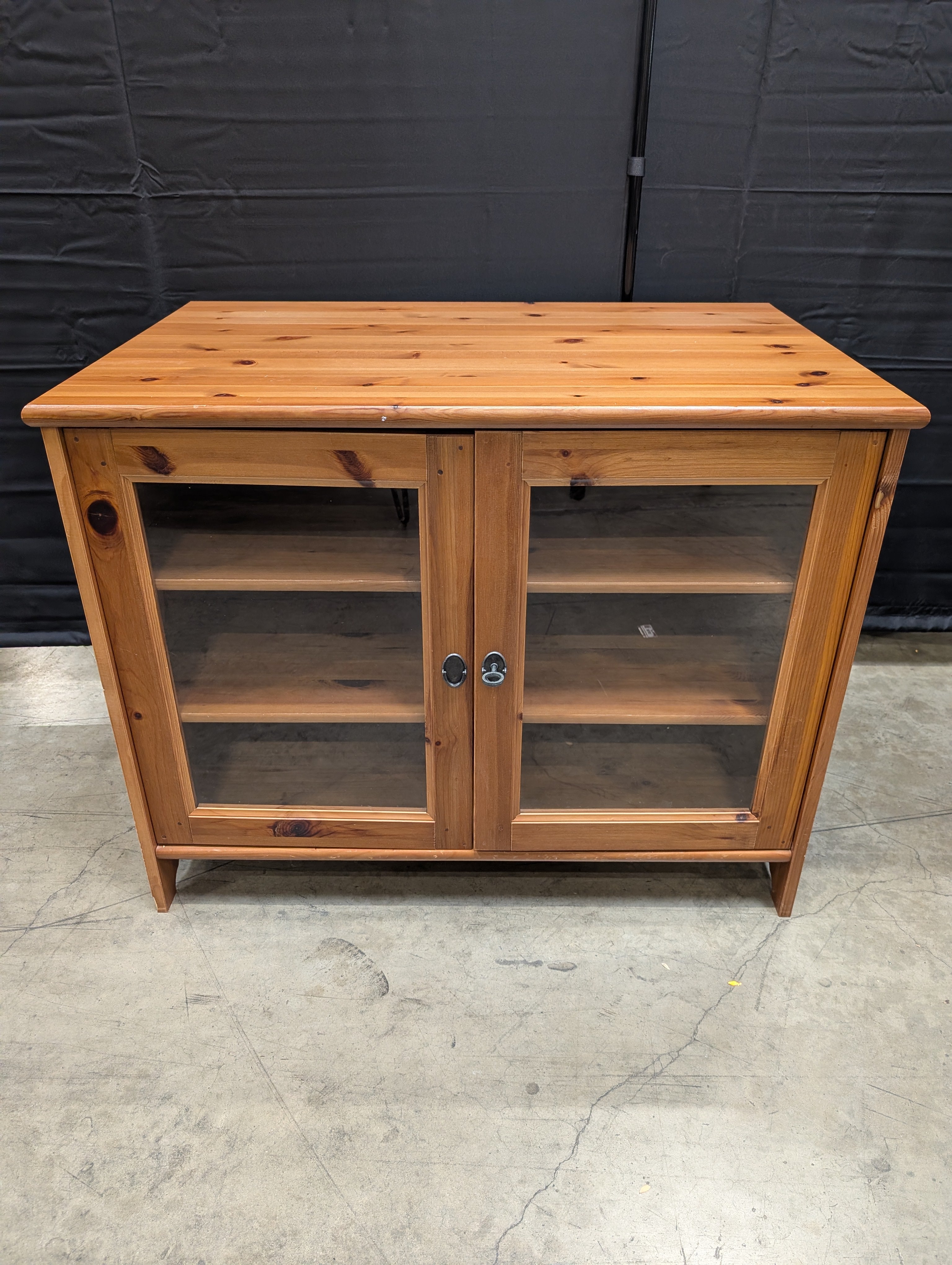 Rustic Pine Finish Display Cabinet with Glass Doors